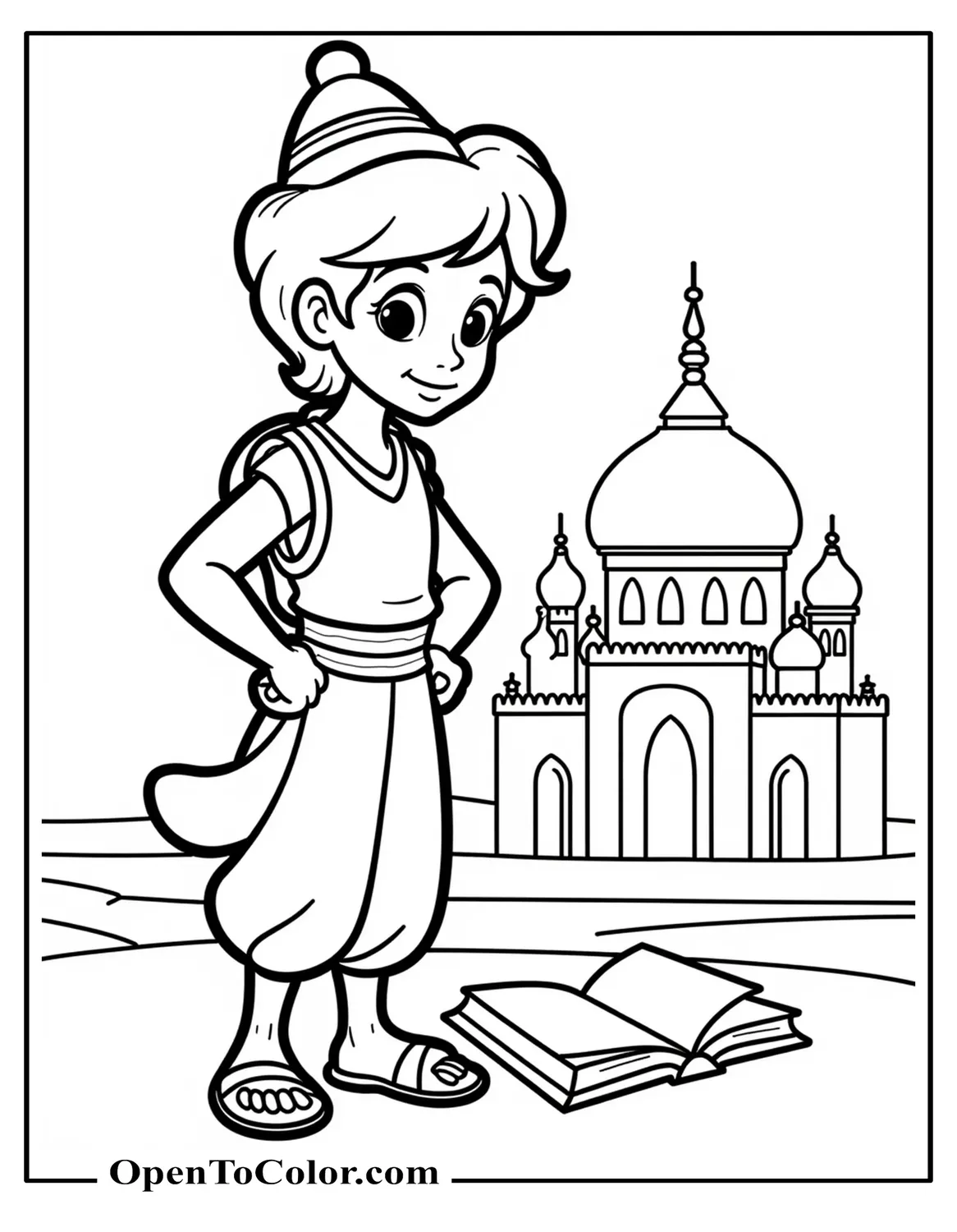 Free Coloring Page Featuring Storybook Style Aladdin Standing Beside an Open Book, Palace Outline on the Page