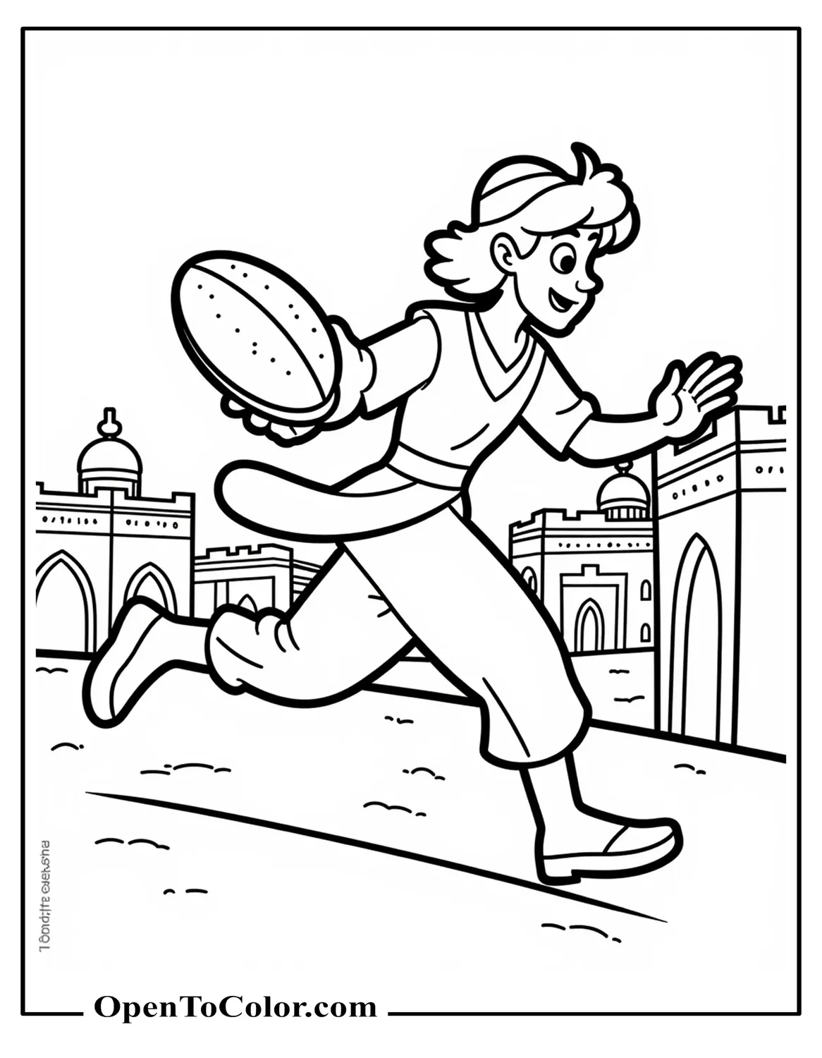 Aladdin sprinting across marketplace rooftops holding a loaf of bread, city domes in background, coloring page PDF.