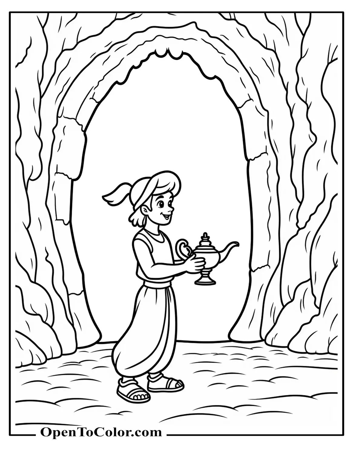 Aladdin Inside the Cave of Wonders Holding the Lamp Coloring Sheet PDF