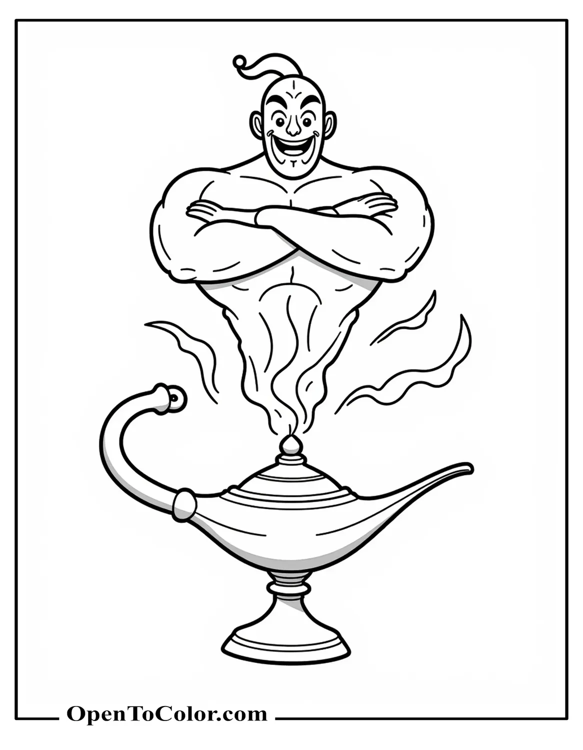 Free Coloring Sheet of a Genie Juggling Stars and Moons with a Wide Grin, Lamp Resting at His Feet