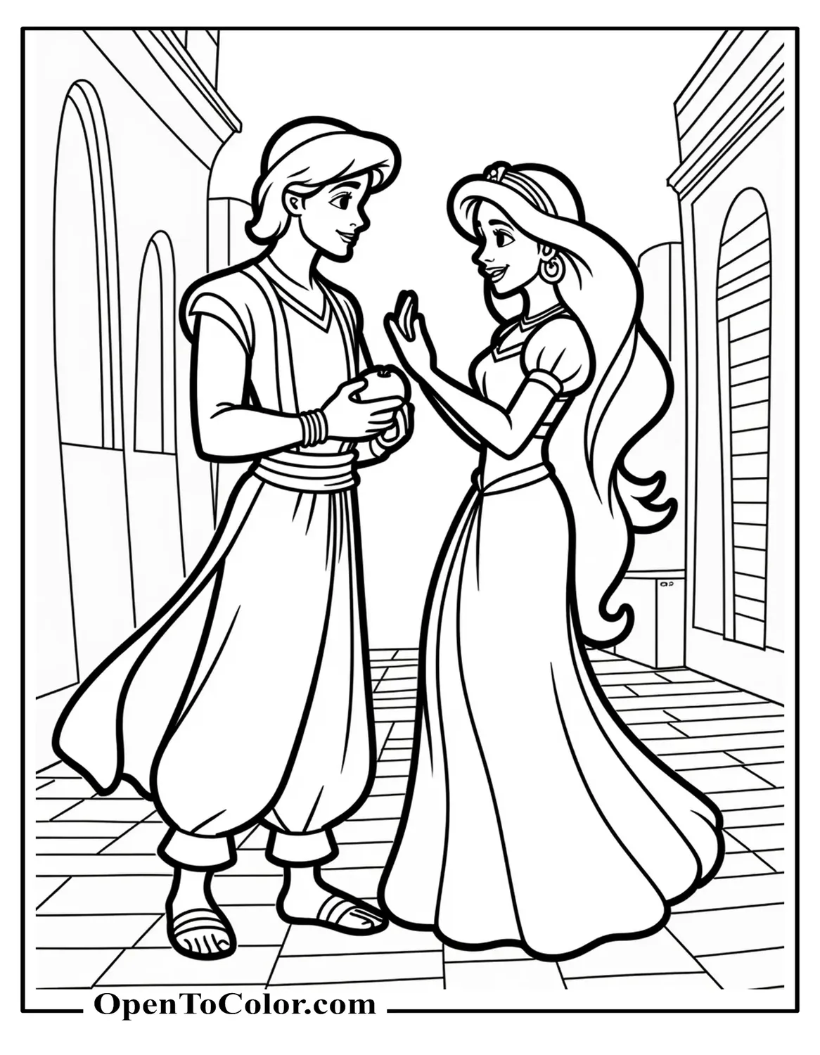 Aladdin and Jasmine in wedding outfits under a flower garland arch coloring page PDF