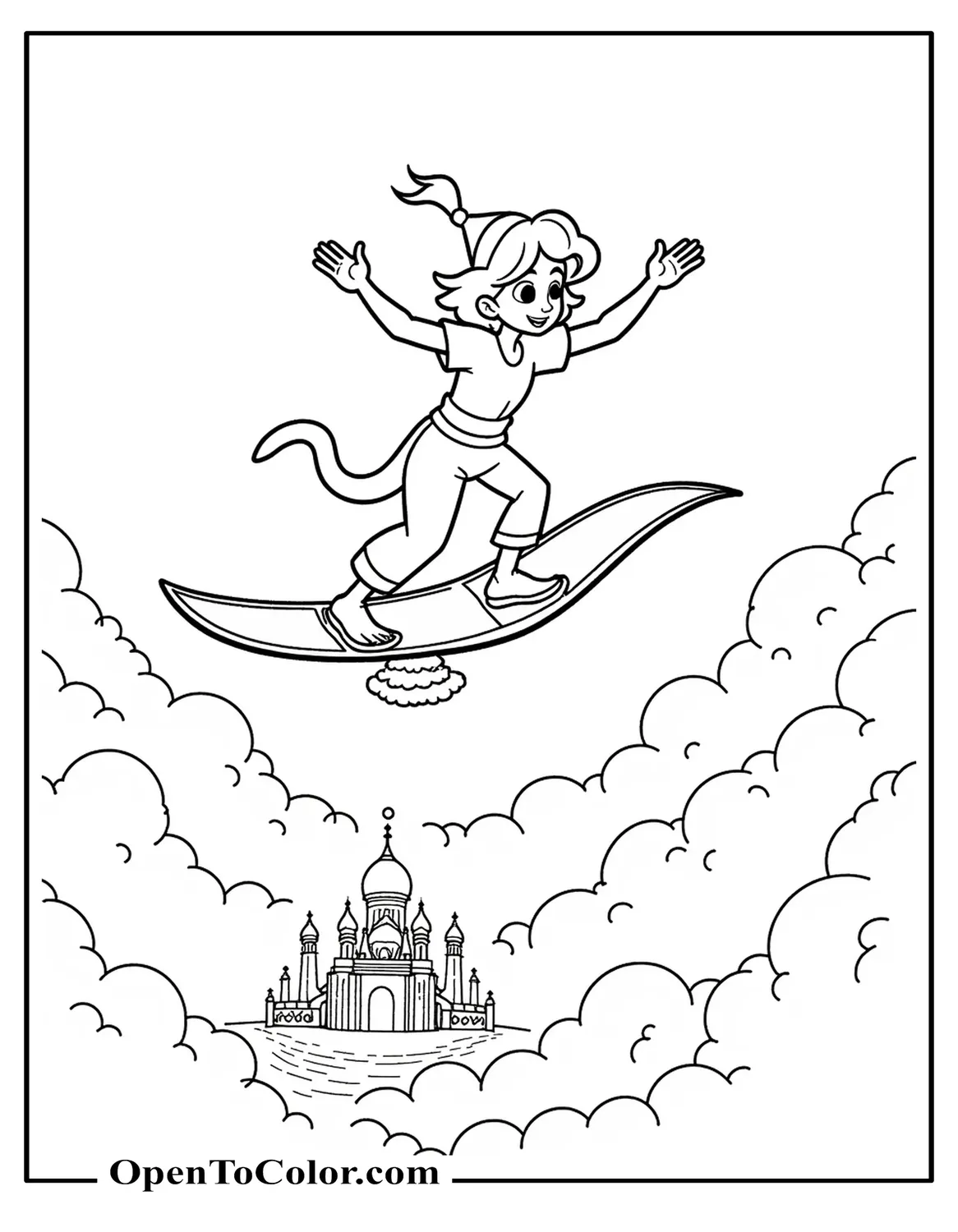 Coloring Page PDF of Aladdin Flying on the Magic Carpet Over Clouds, Palace Tiny Below