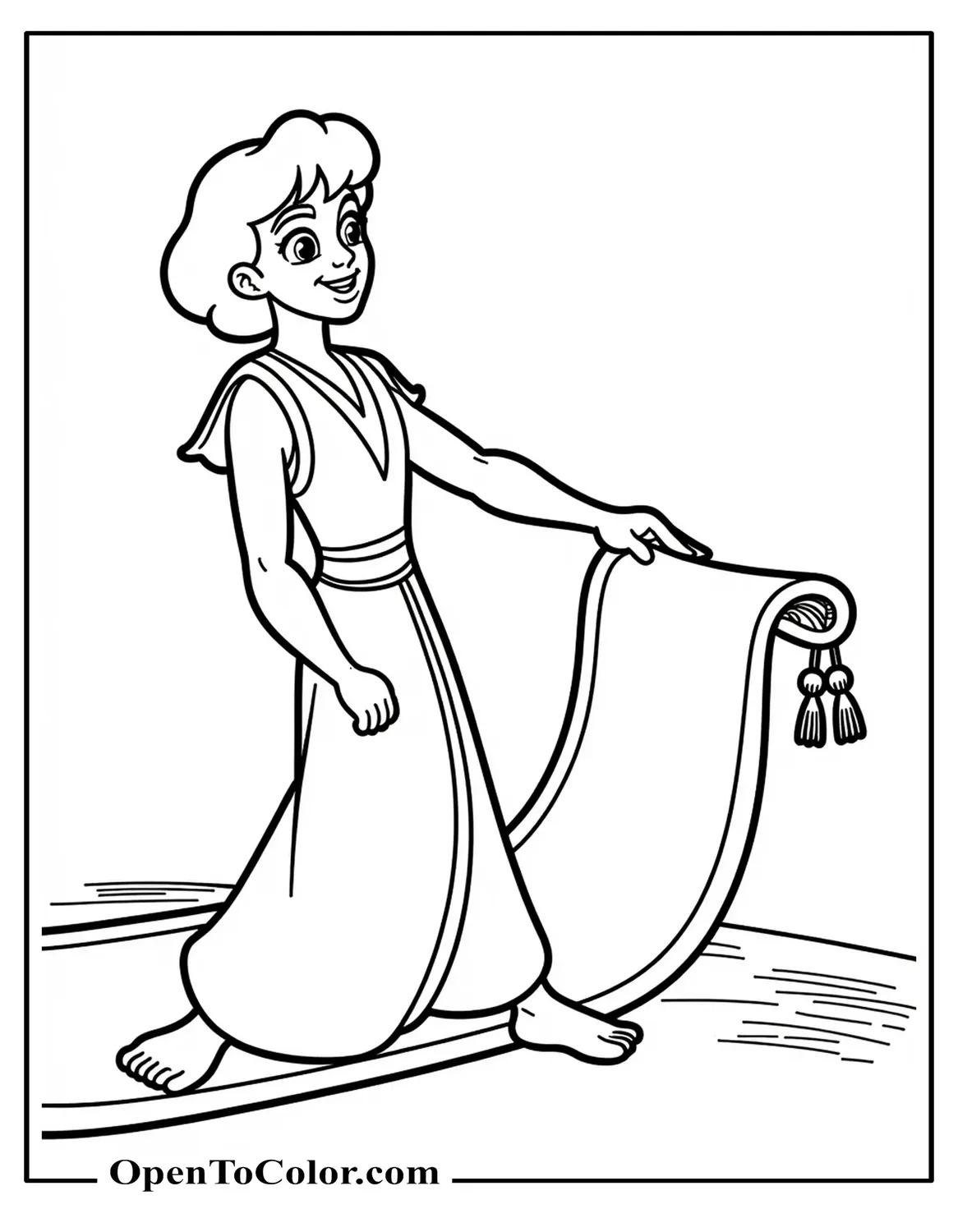 Aladdin patting the magic carpet rolled like a tube, tassels peeking out, coloring sheet PDF.