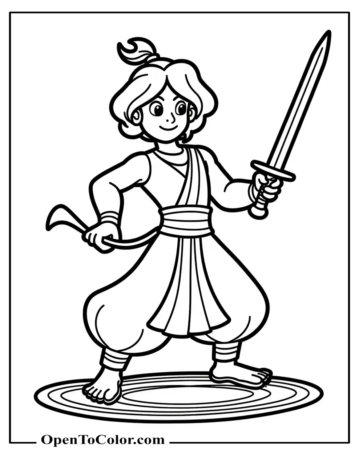 Cartoon Aladdin in training pose with wooden practice sword, rug pattern underfoot, printable coloring sheet.