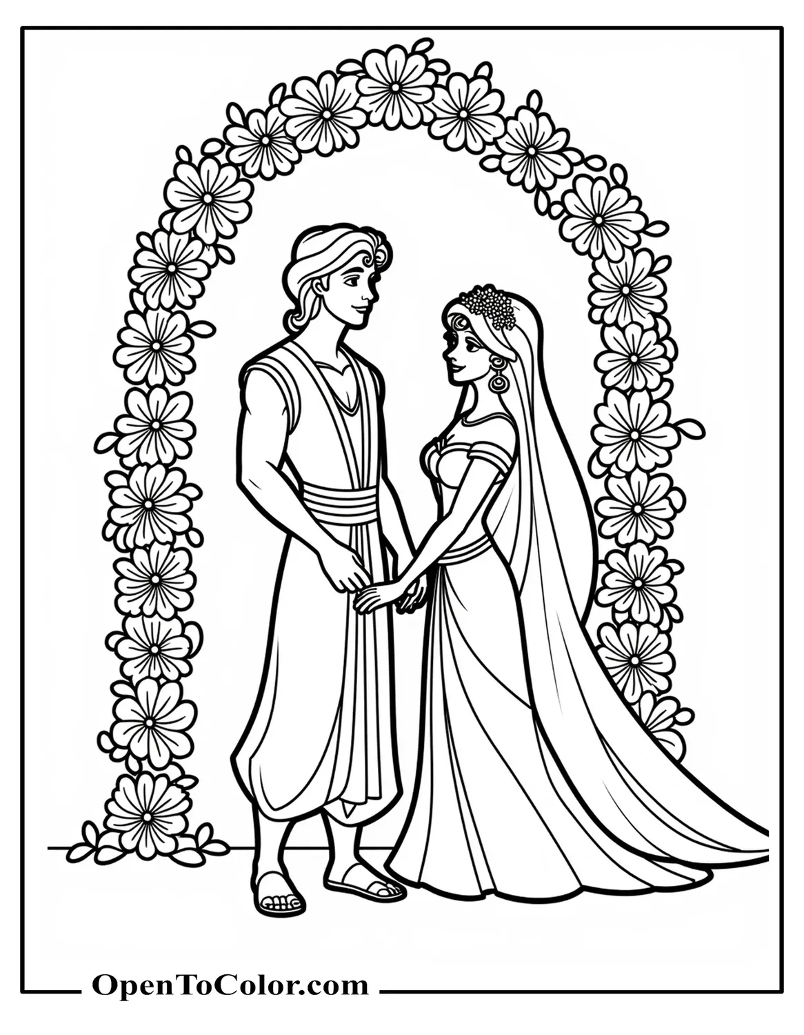 Aladdin holding a poster with a palace icon, simple confetti shapes around, printable coloring sheet.