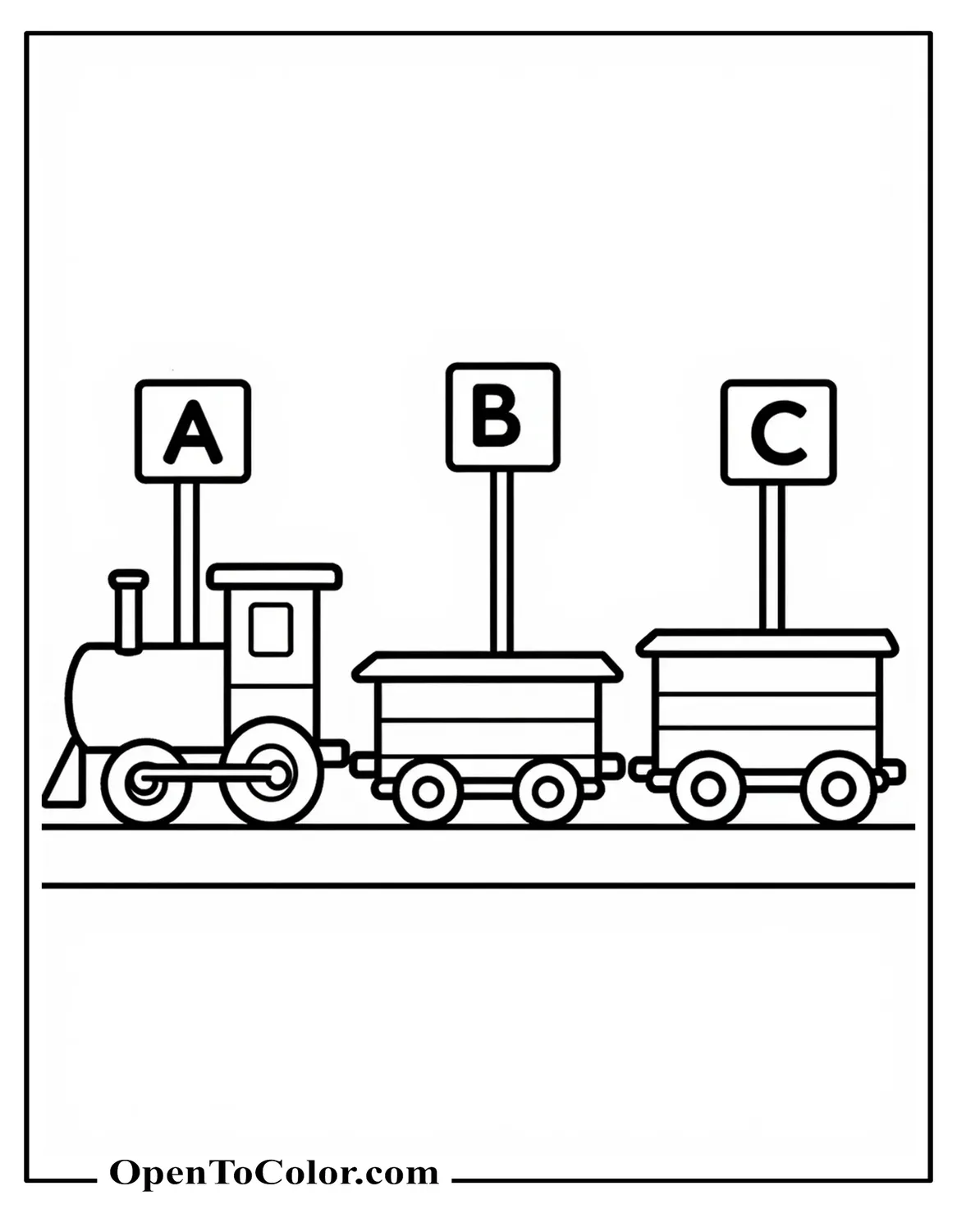 Free Coloring Page of a Short Train with Three Cars Labeled A B C on Signs Above Each Car