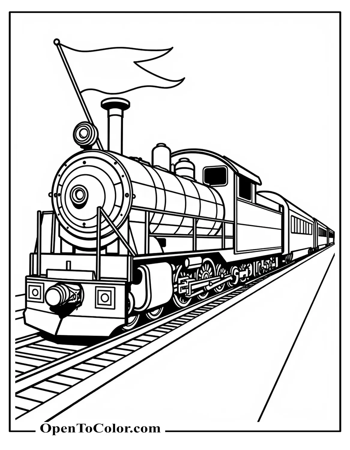 Realistic Passenger Locomotive Coloring Page At Platform Angle With A Conductor Waving A Flag PDF