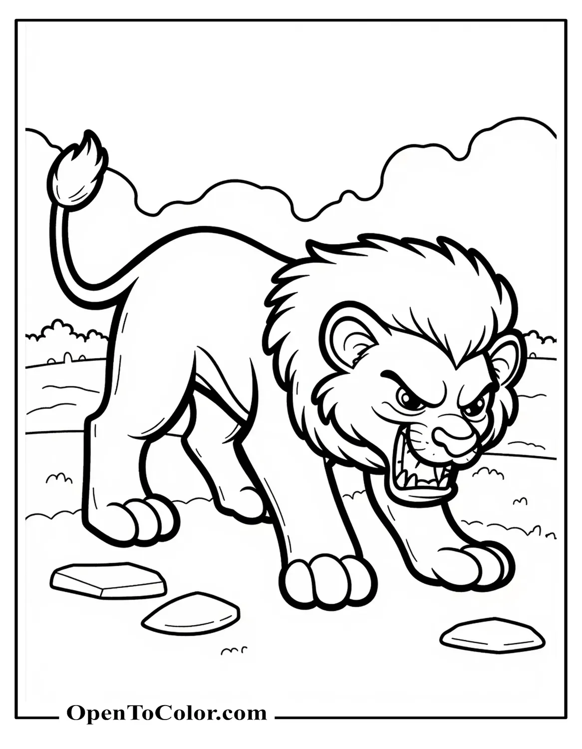 Printable Coloring Sheet of an Angry Lion Crouched, Ears Back, Teeth Bared, Rocks Behind