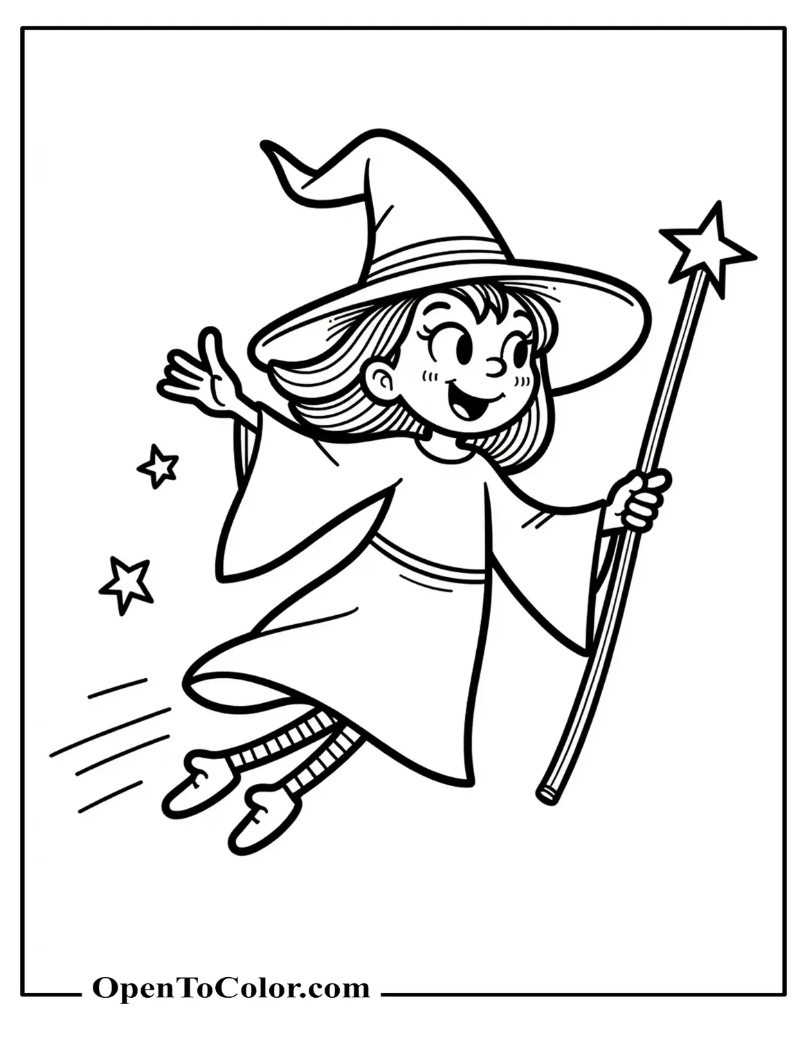 Anime Style Old Witch Midair Pointing A Wand Short Star Trail Behind Coloring Sheet PDF