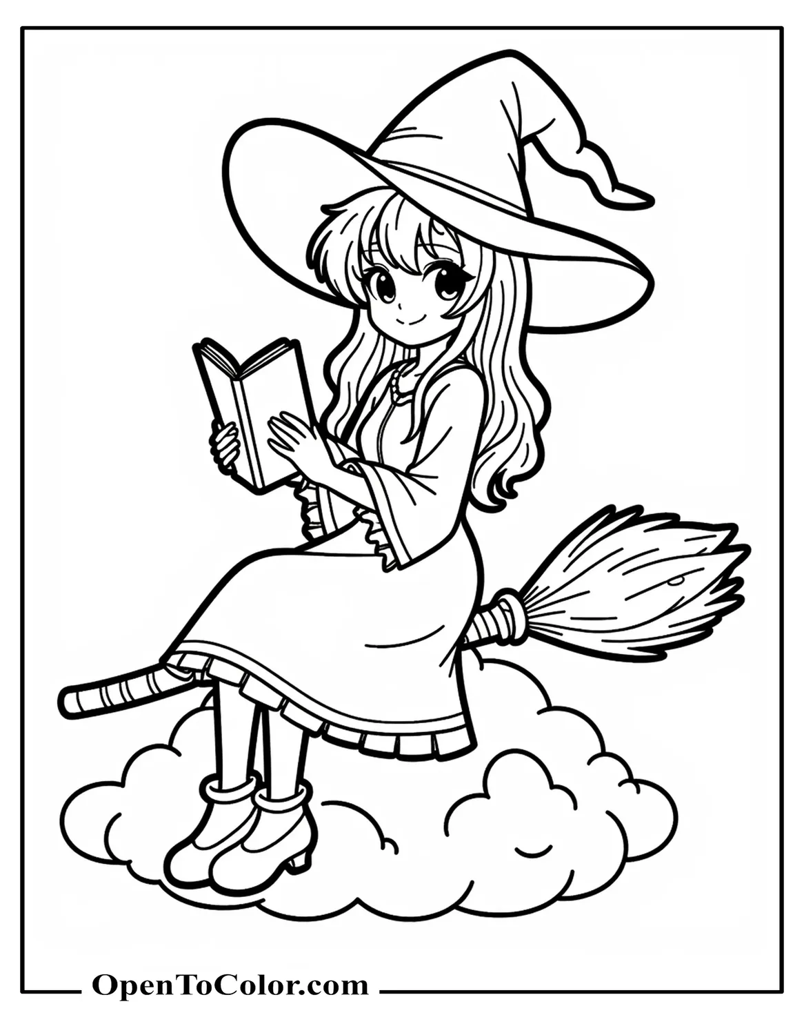 Coloring Page Printable Anime Witch Girl Sitting on a Broom Holding a Spellbook Small Cloud Beneath