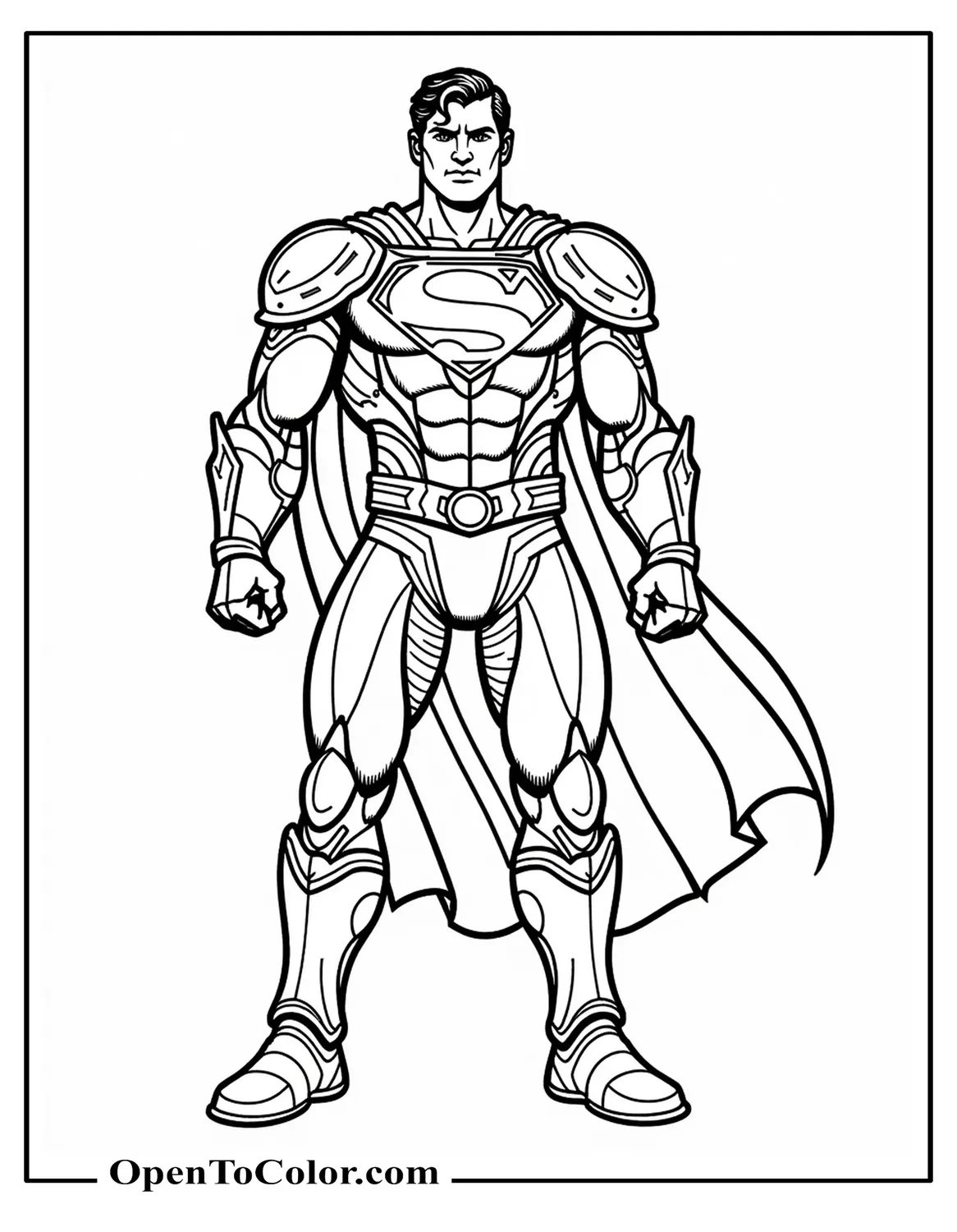 Free Coloring Page of Superman in Detailed Kryptonian Battle Armor with Intricate Plating