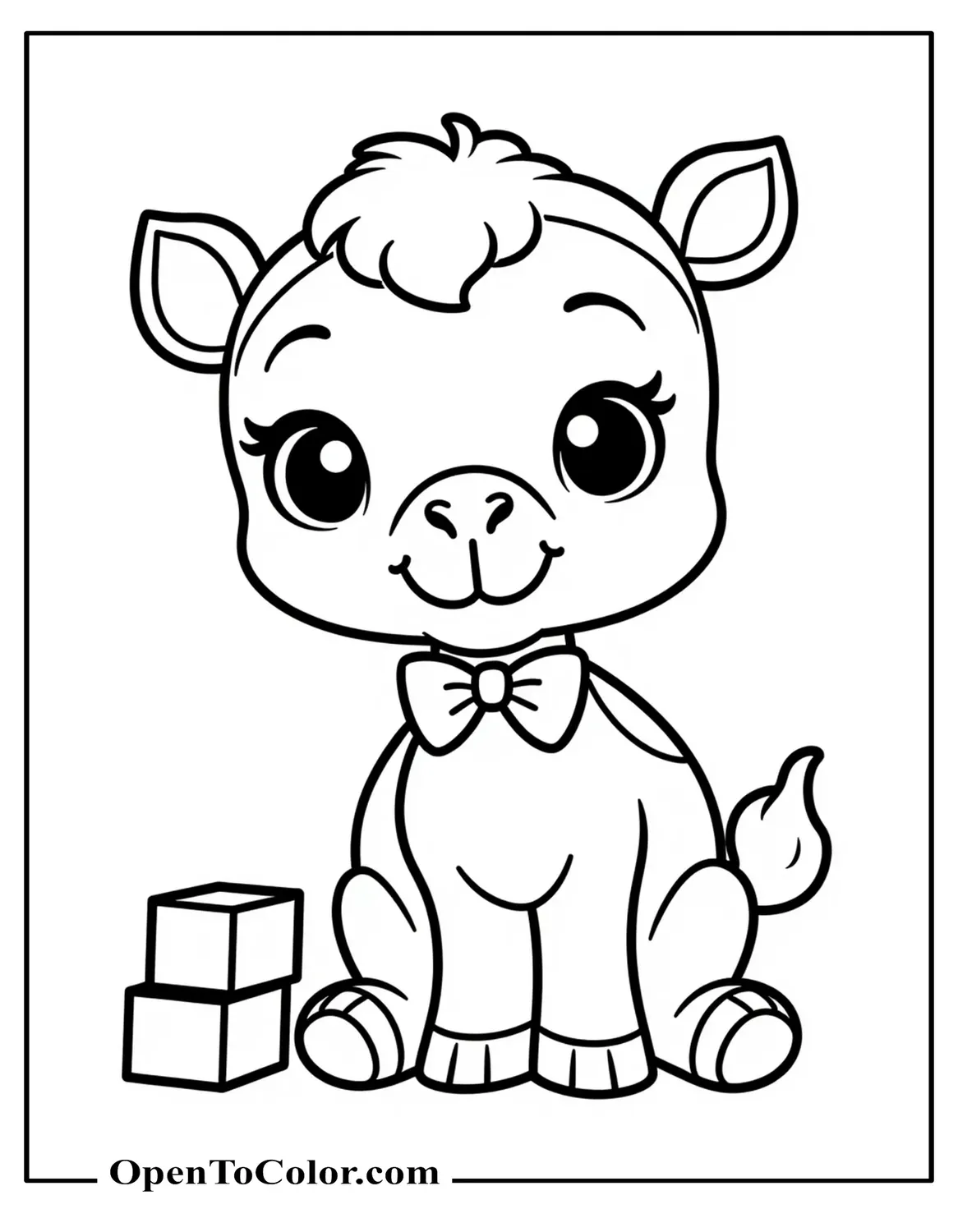 Printable Coloring Sheet of a Baby Camel Sitting with a Bow Tie Beside a Small Toy Block