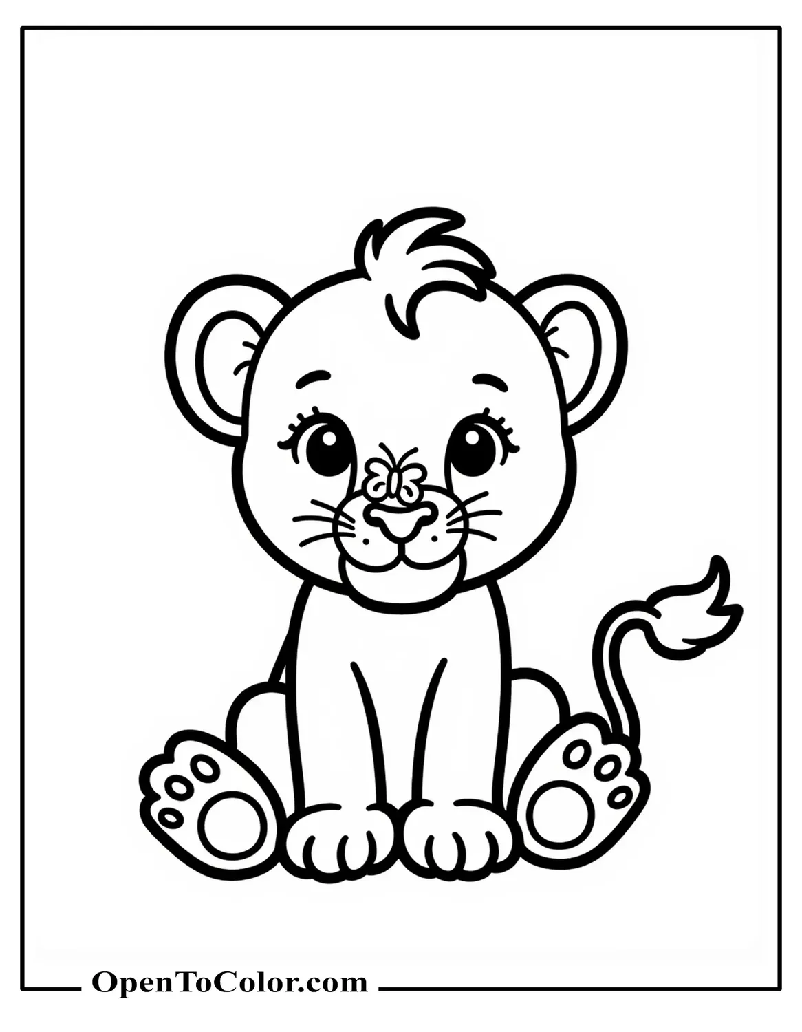 Baby lion cub coloring sheet PDF sitting with oversized paws and a butterfly on nose