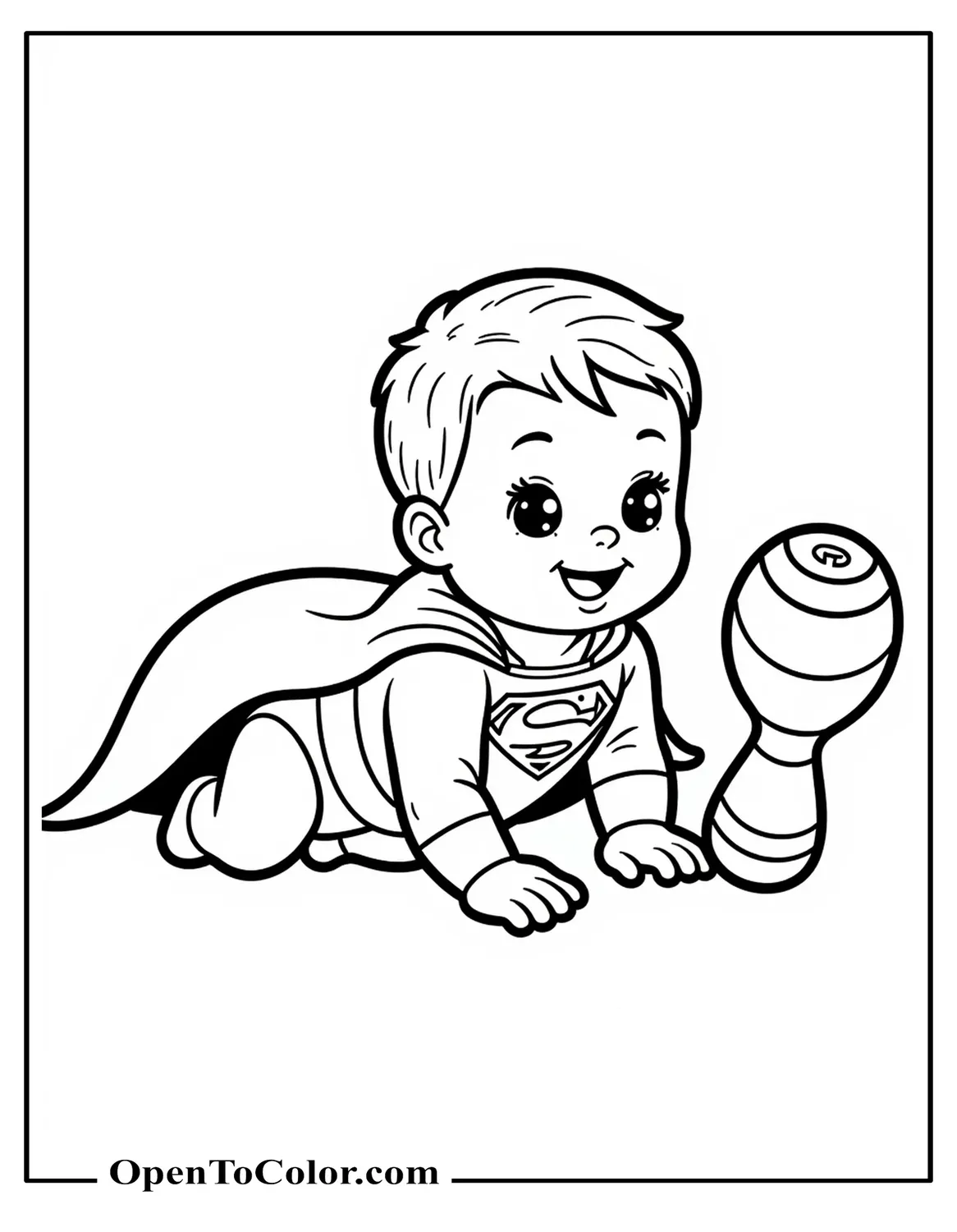 Coloring Sheet PDF: Baby Superman Crawling in a Tiny Cape Holding a Rattle