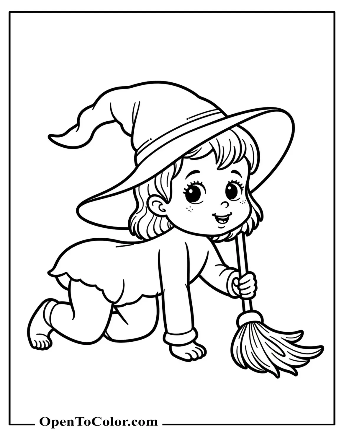 Coloring Sheet PDF of Baby Witch in an Oversized Hat Crawling Holding a Rattle Shaped Like a Broom