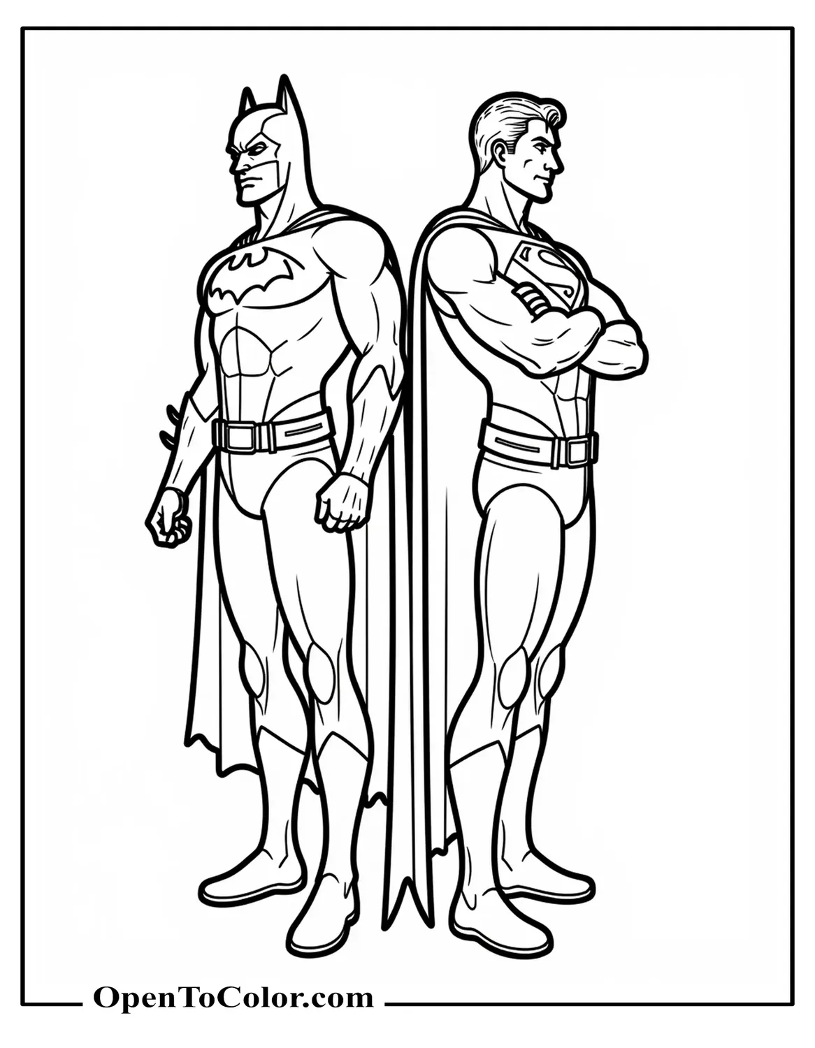 Free Coloring Sheet of Batman and Superman Standing Back-To-Back in Team Pose