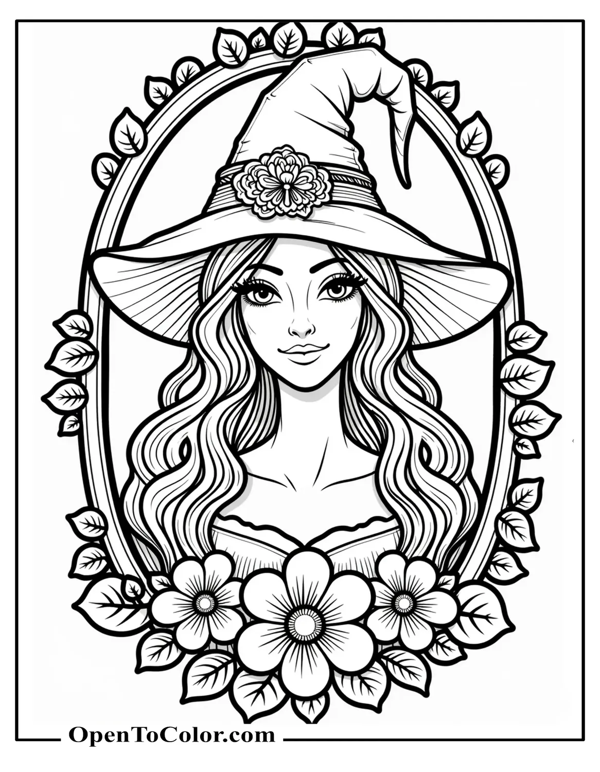Free Coloring Sheet of Beautiful Elegant Witch with Flowing Hair, Ornate Hat, and Floral Frame Around Her