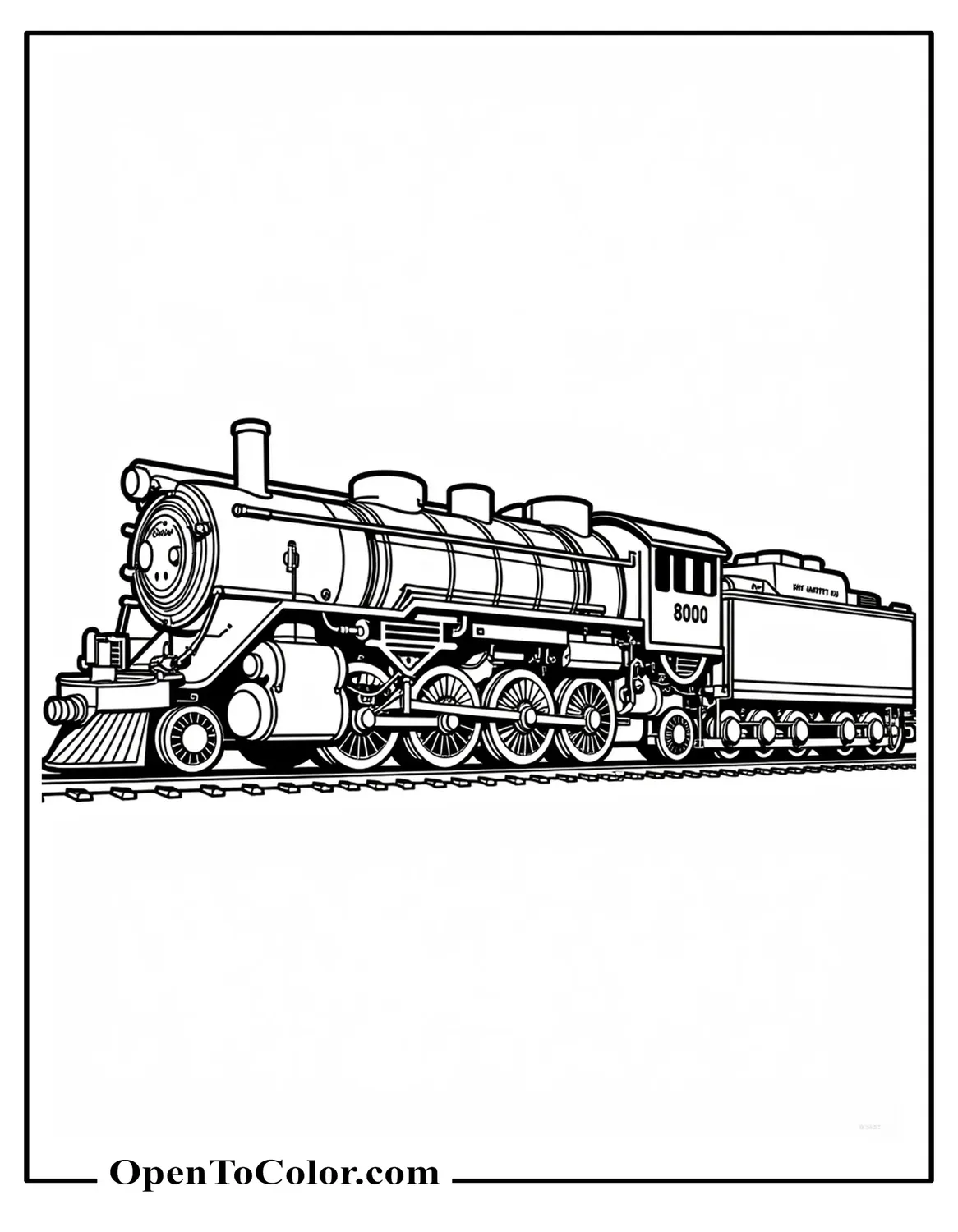 Detailed Union Pacific Big Boy steam locomotive side view with many drive wheels, coloring sheet PDF.