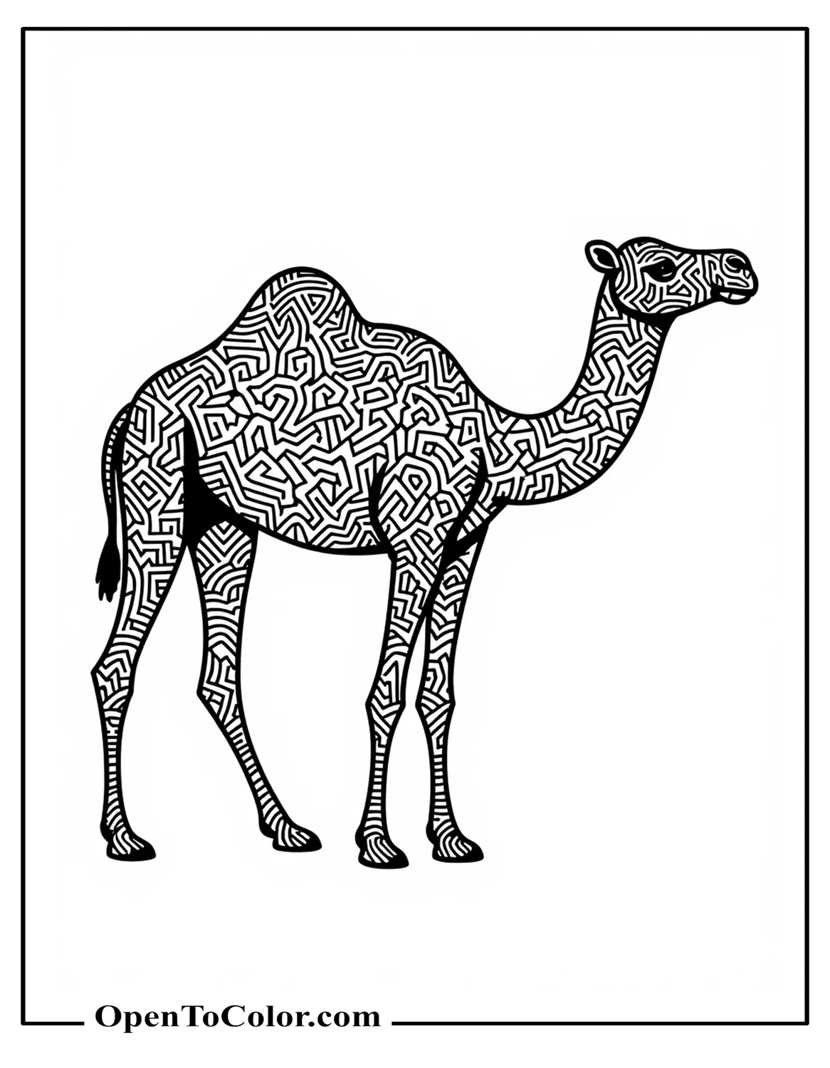 Camel in profile filled with detailed geometric patterns, bold shapes, coloring sheet PDF.