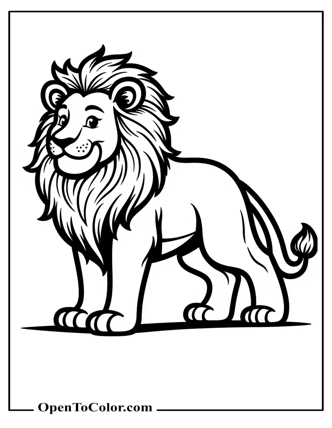 Free Coloring Page of Bold Outline Lion Standing with Strong Black Lines Minimal Background