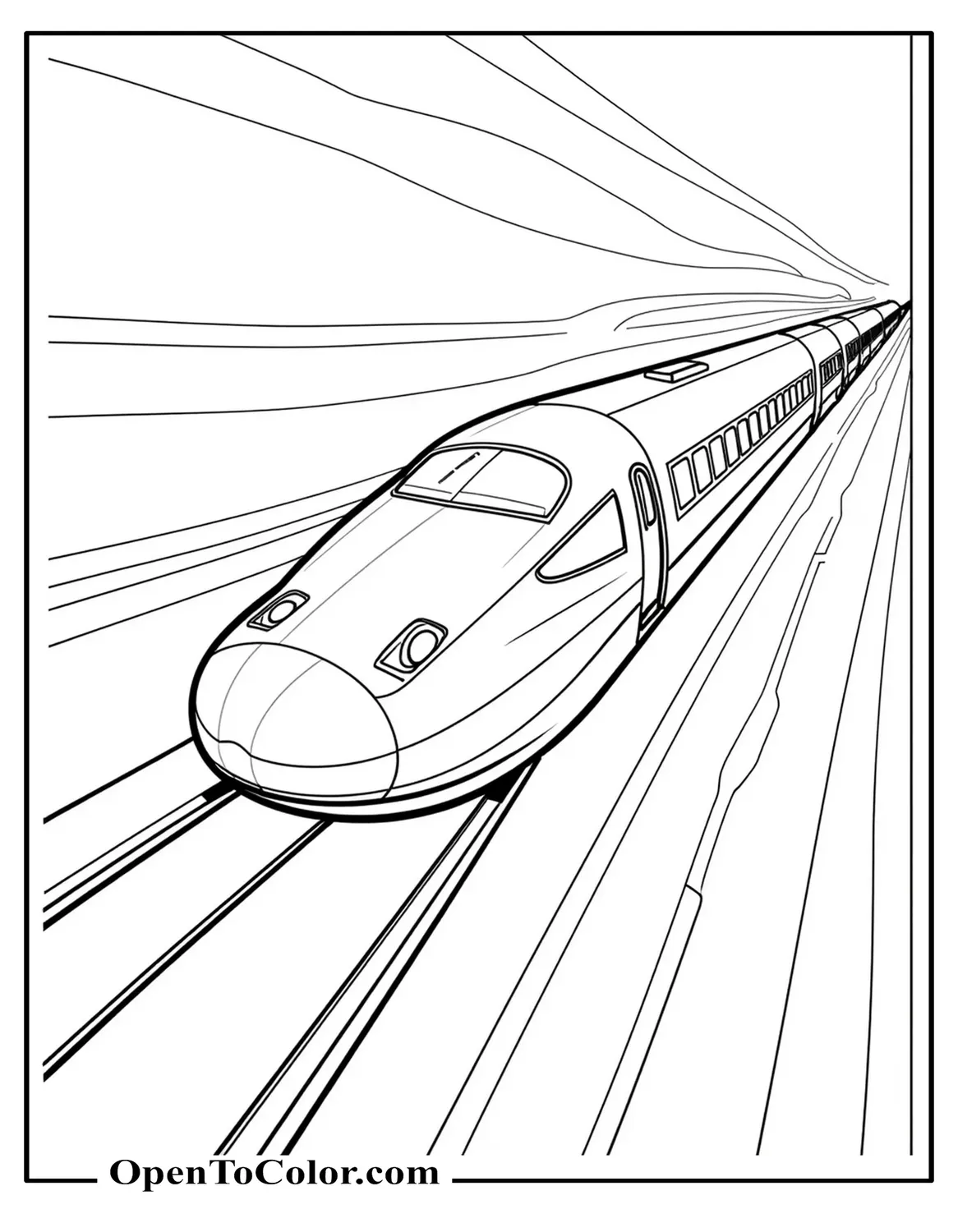 Sleek high-speed nose front view coloring sheet whooshing past motion lines on elevated track printable.