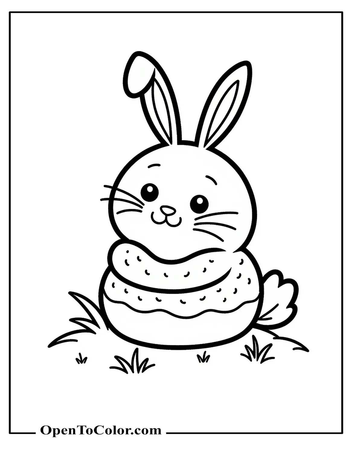 Printable Coloring Sheet of Donut With Long Bunny Ears and Whiskers Sitting on a Small Grass Patch