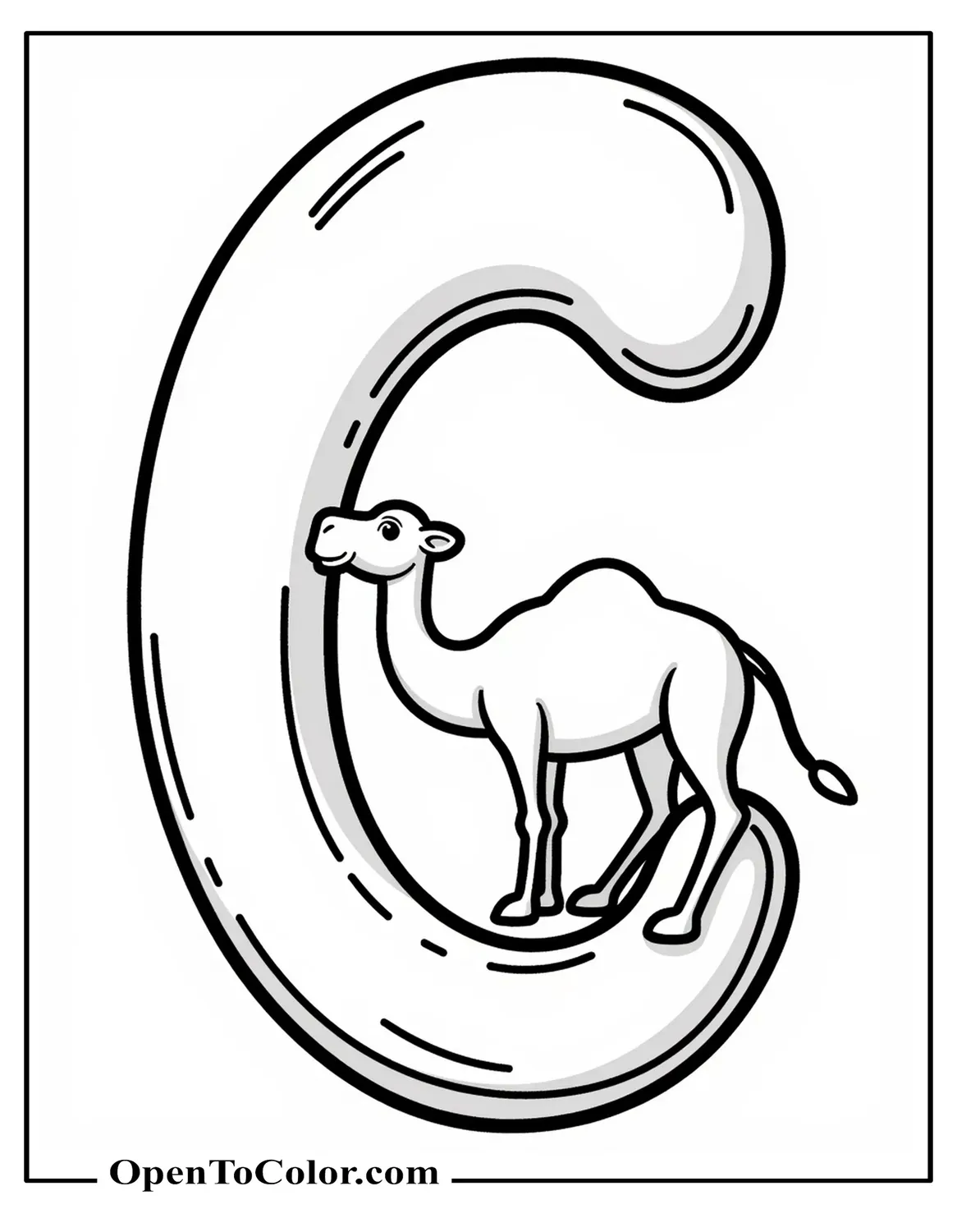Printable Coloring Page of a Large Letter C with a Small Camel Peeking from Inside the Curve