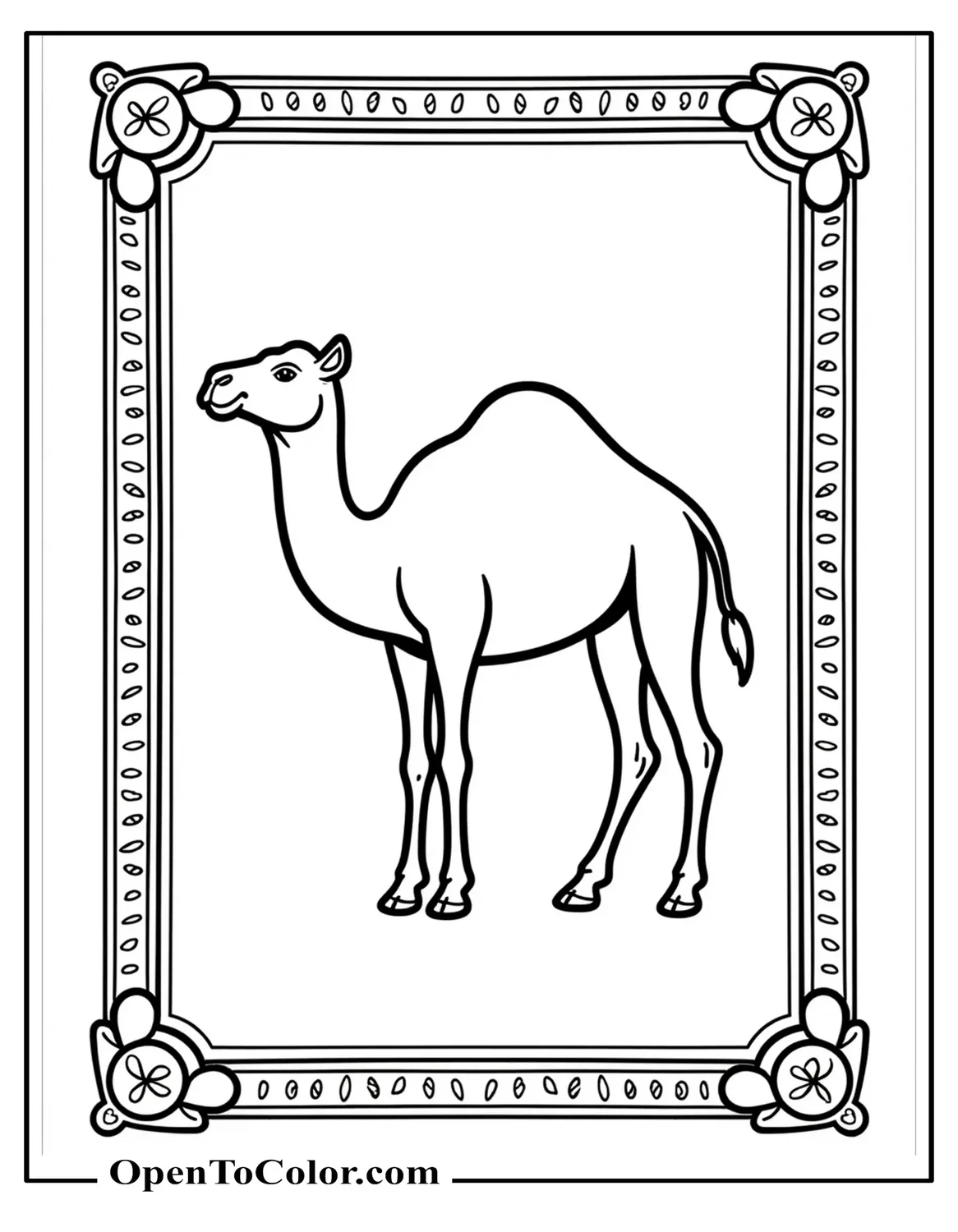 Camel centered inside a decorative border with tiny desert icons around, coloring page PDF.