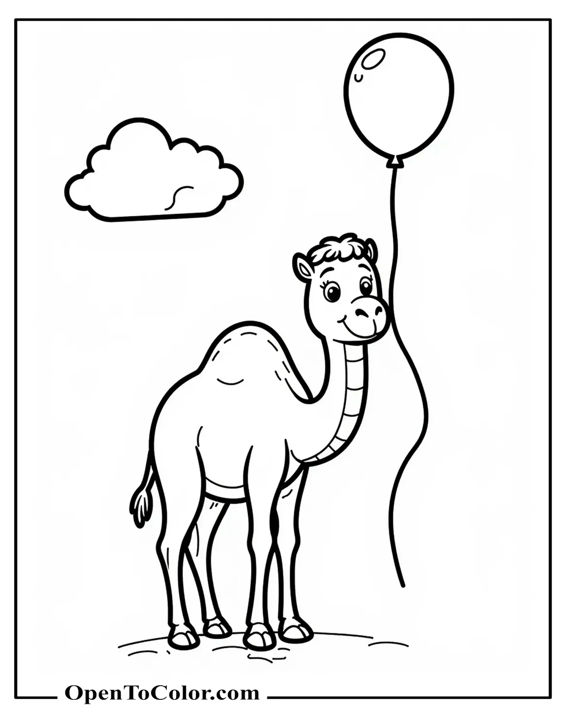 Free Cartoon Camel Coloring Sheet With A Balloon And A Single Cloud