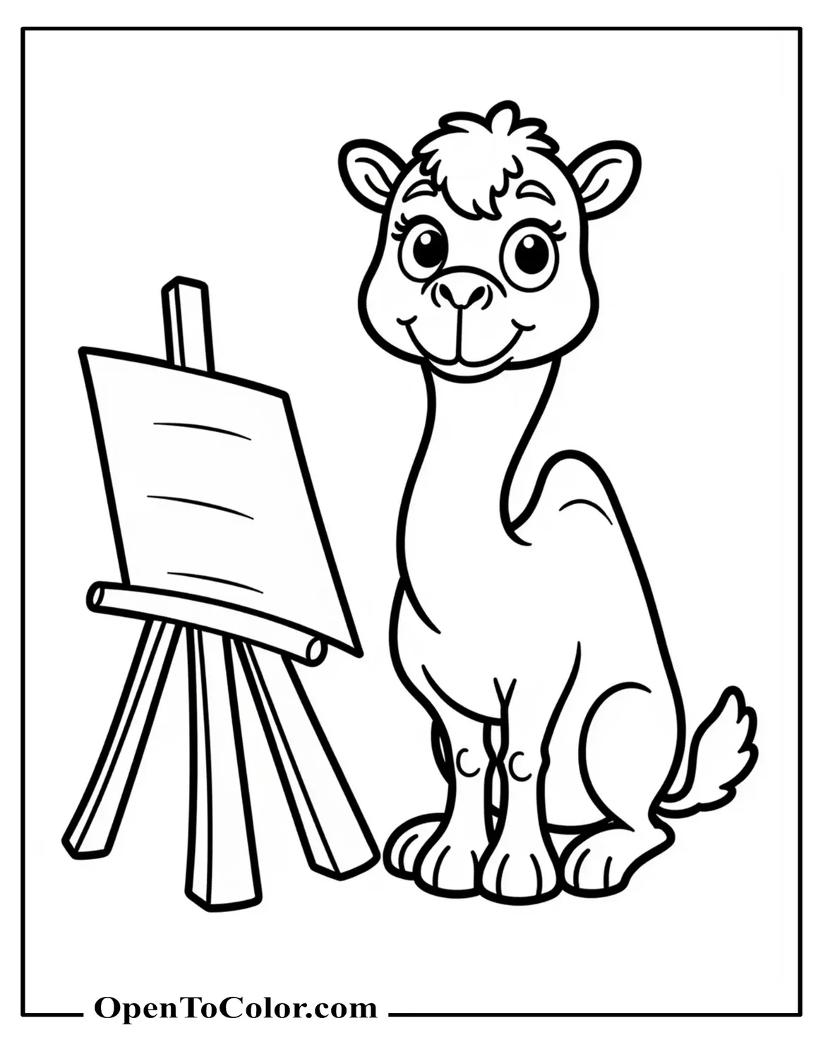 Free Coloring Page of a Camel Sitting Next to a Small Easel and Paper Sheet, Head Tilted