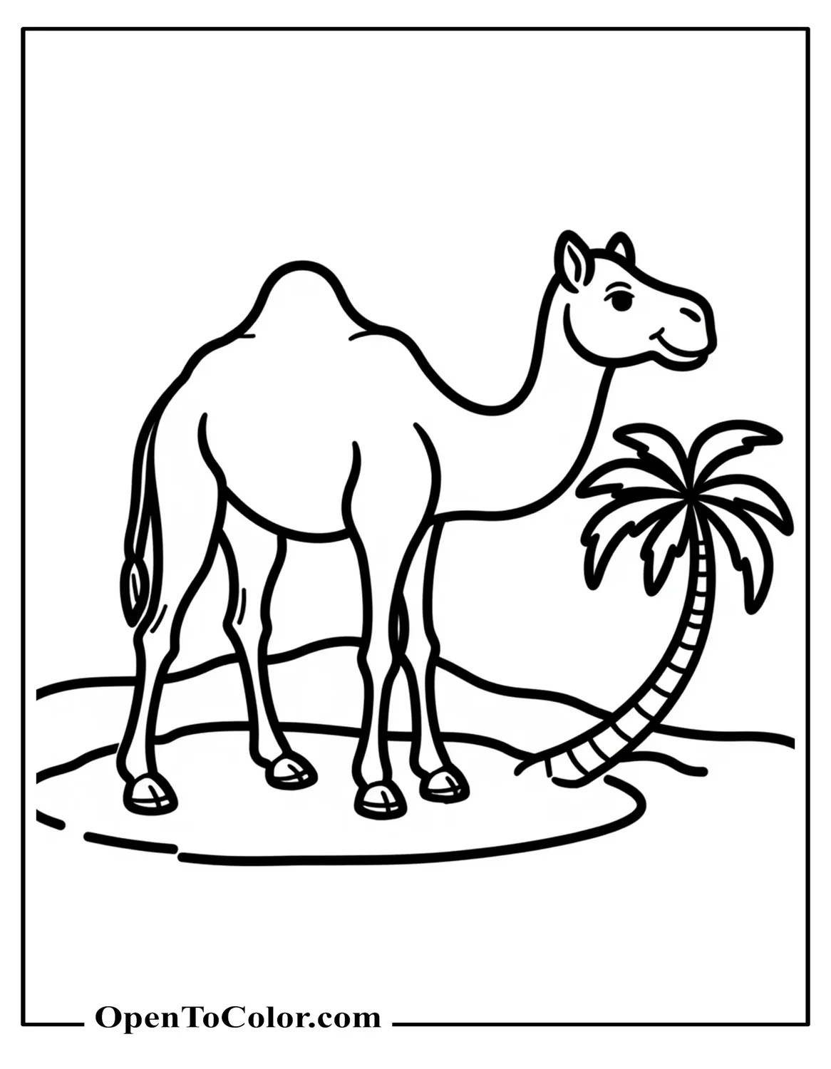 Camel standing three-quarter view on a small sand dune with one palm tree coloring page PDF