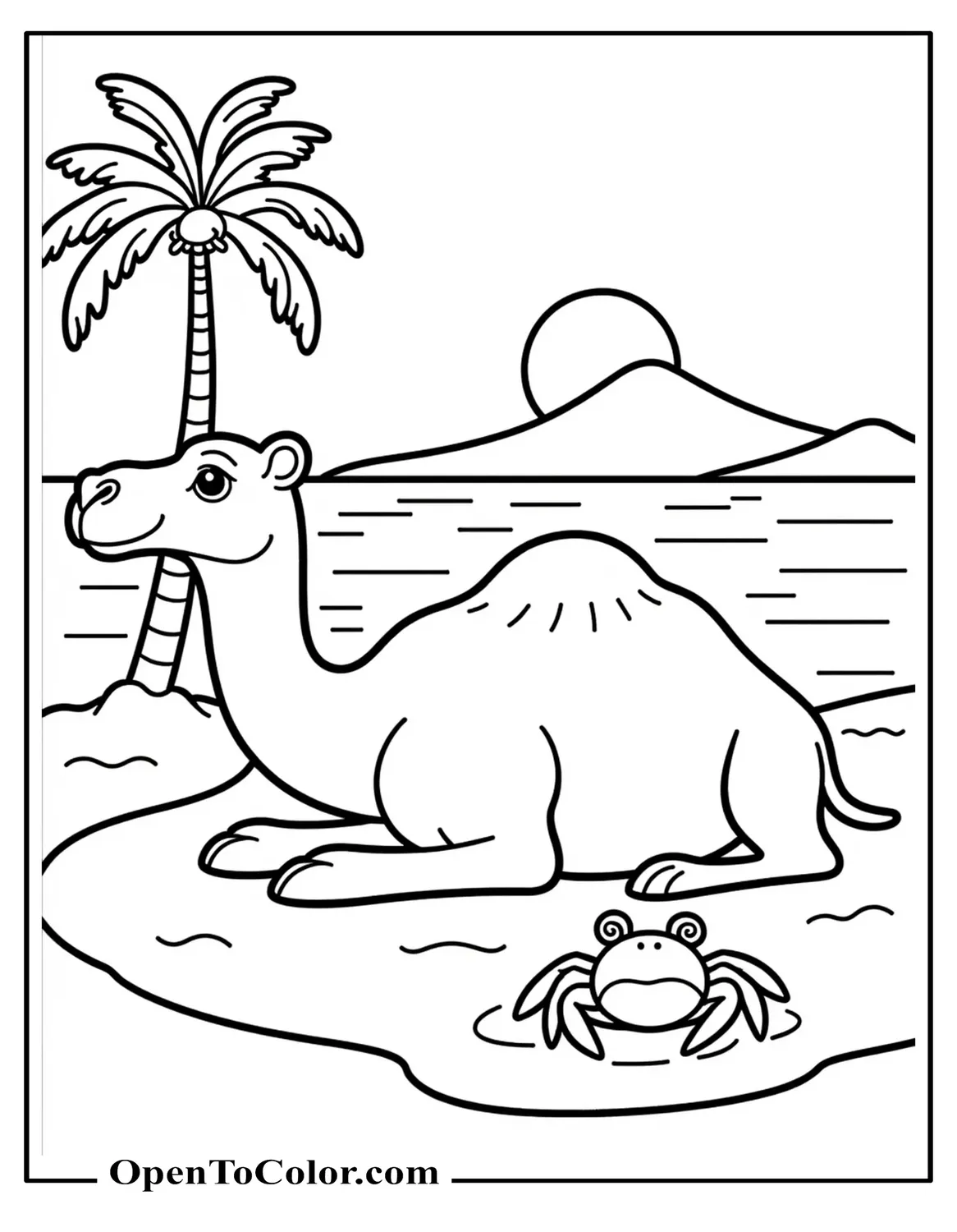 Free Coloring Sheet: Camel Resting by an Oasis with One Palm and a Tiny Crab on the Shore