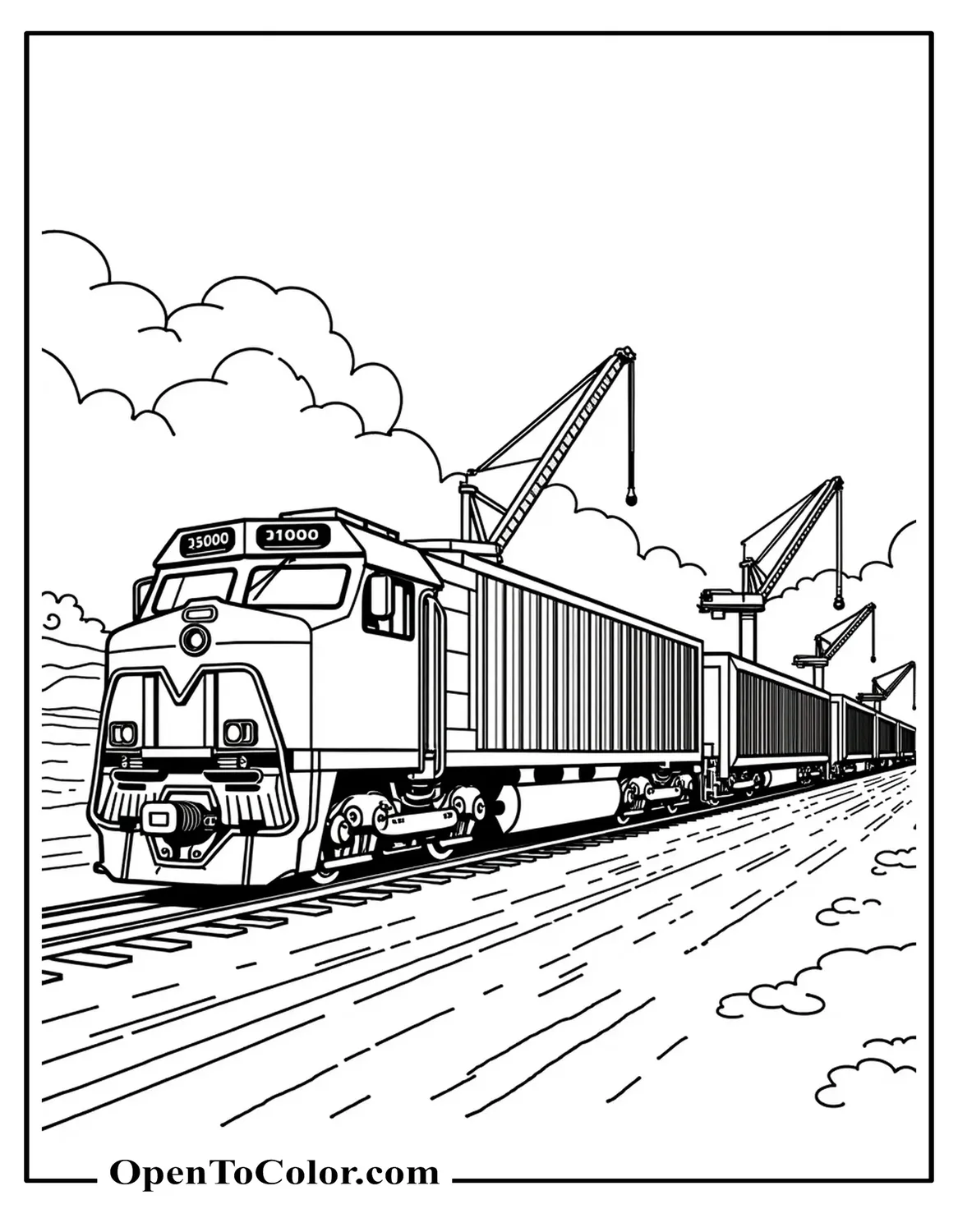 Printable coloring sheet of a container train on flatcars passing cranes in a simple freight yard