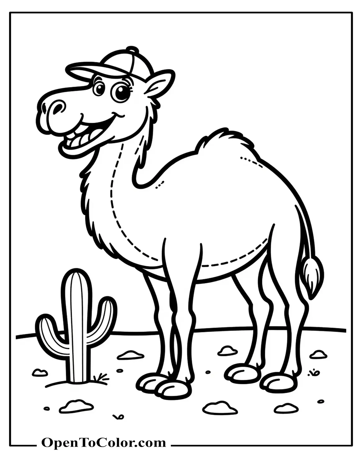 Cartoon camel with oversized grin wearing a tiny cap, single cactus in background, printable coloring sheet.