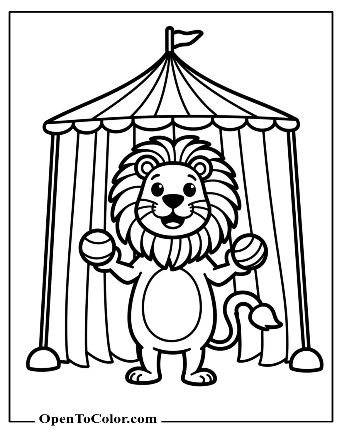 Cartoon Lion Juggling Two Balls Under A Tiny Circus Tent Coloring Sheet PDF
