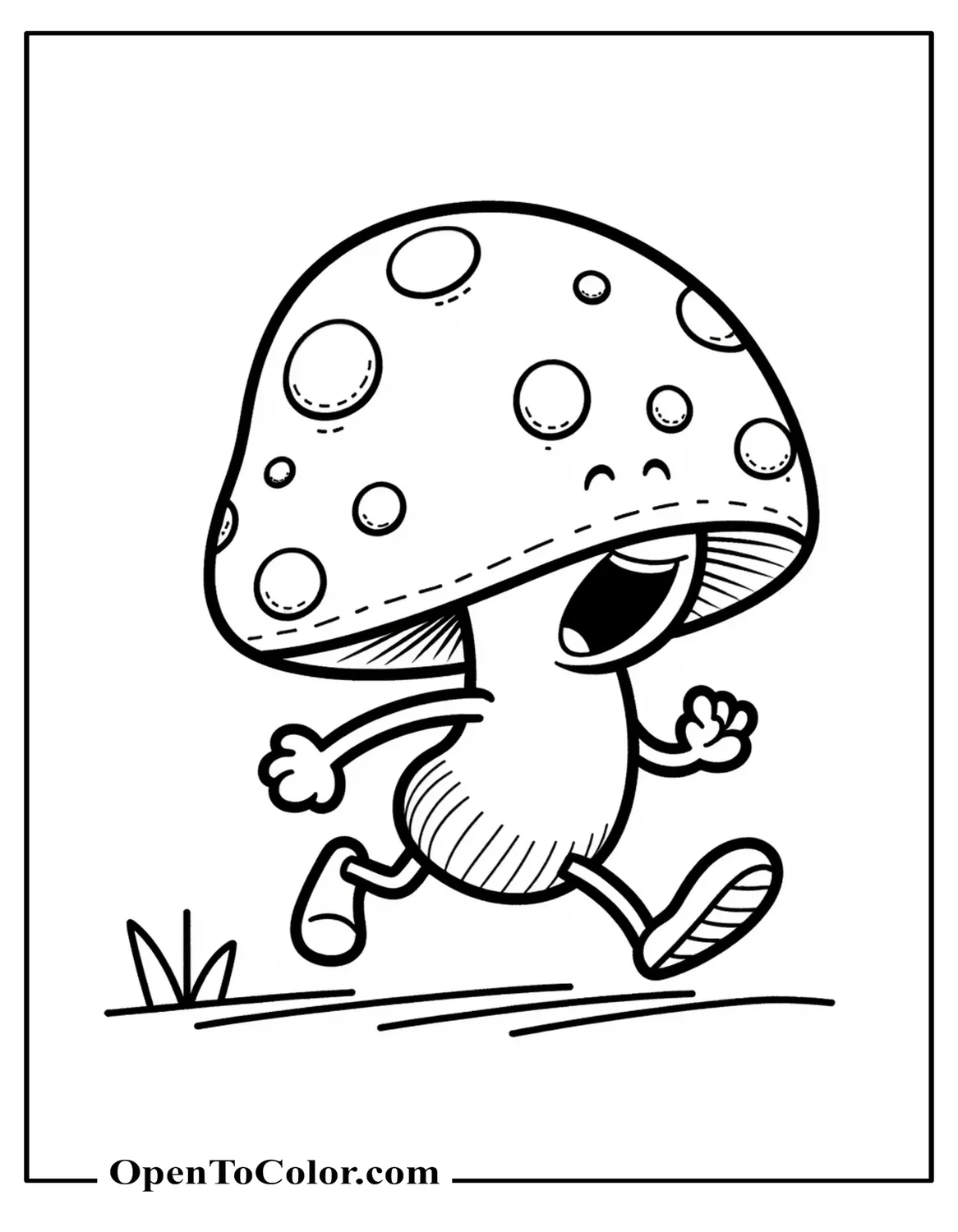 Cartoon mushroom coloring page running with tiny legs open mouth and motion lines PDF