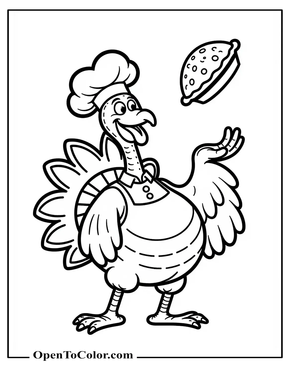 Free Coloring Page of Cartoon Turkey Chef Tossing a Pie Crust in the Air