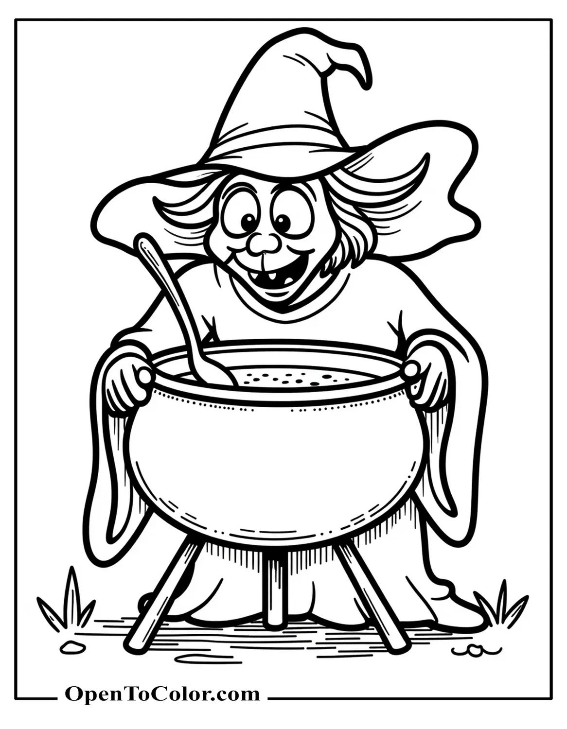 Cartoon old ugly witch tasting soup from a ladle cauldron on a tripod coloring page printable.