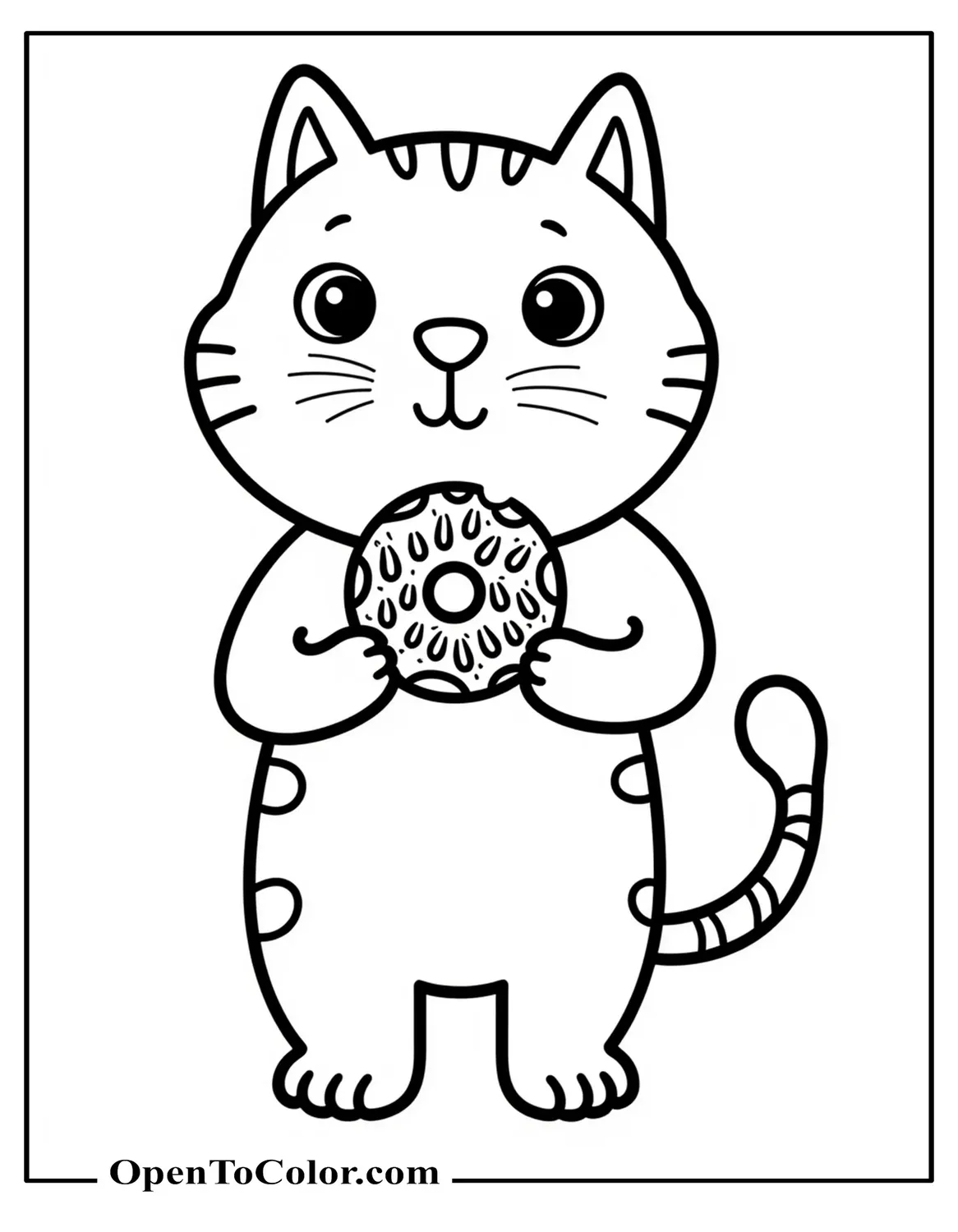 Free Coloring Page: Cat Holding a Donut with Both Paws, Bite Mark Showing, Tail Curled