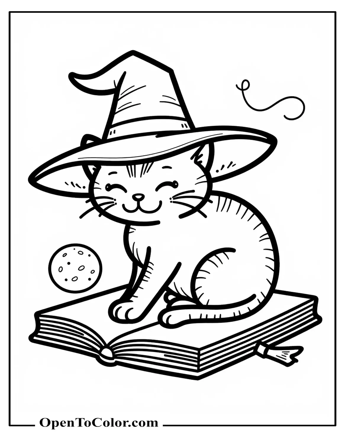Cat Curled On A Spellbook Wearing A Witch Hat Tiny Moon Nearby Coloring Sheet PDF