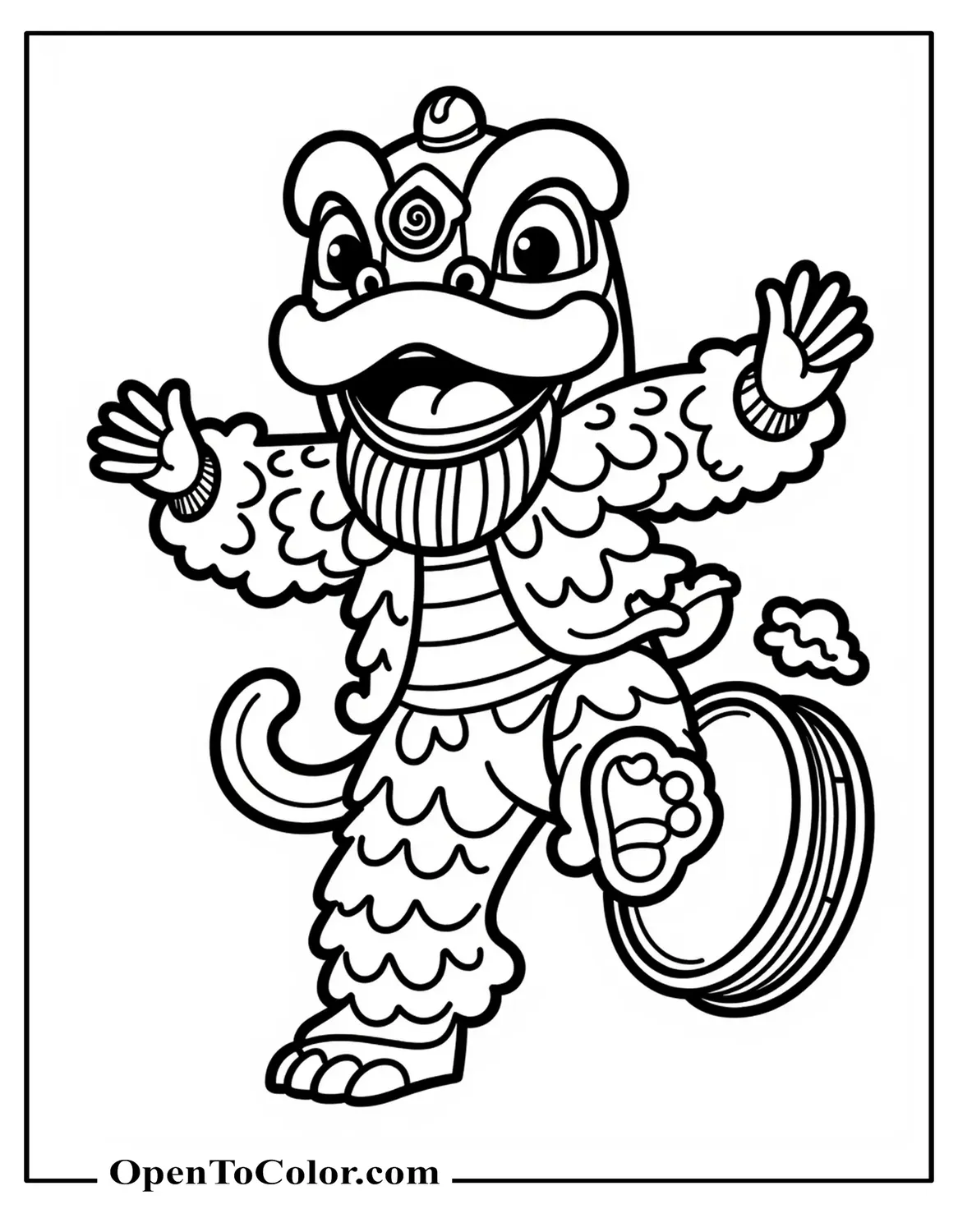 Chinese Lion Dance Costume Mid-Leap With Drum In Background, Coloring Page PDF