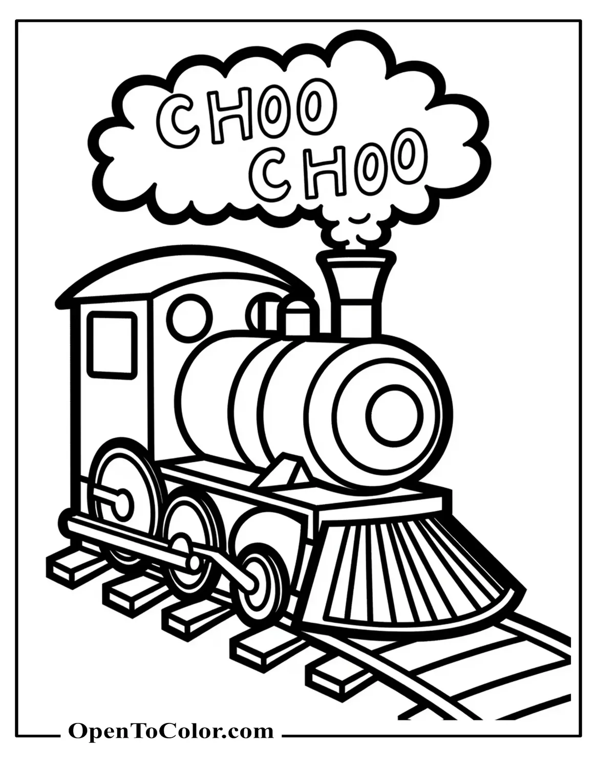 Cartoon Engine Puffing Smoke Clouds Shaped Like The Words Choo Choo Coloring Page PDF