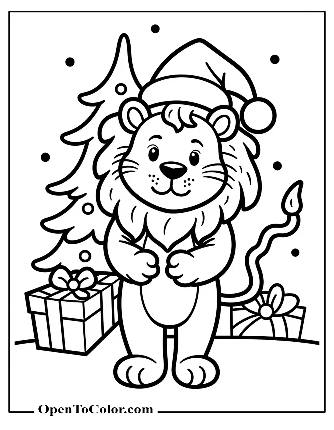 Free Coloring Sheet: Lion Wearing a Santa Hat with Gift Boxes and a Pine Tree
