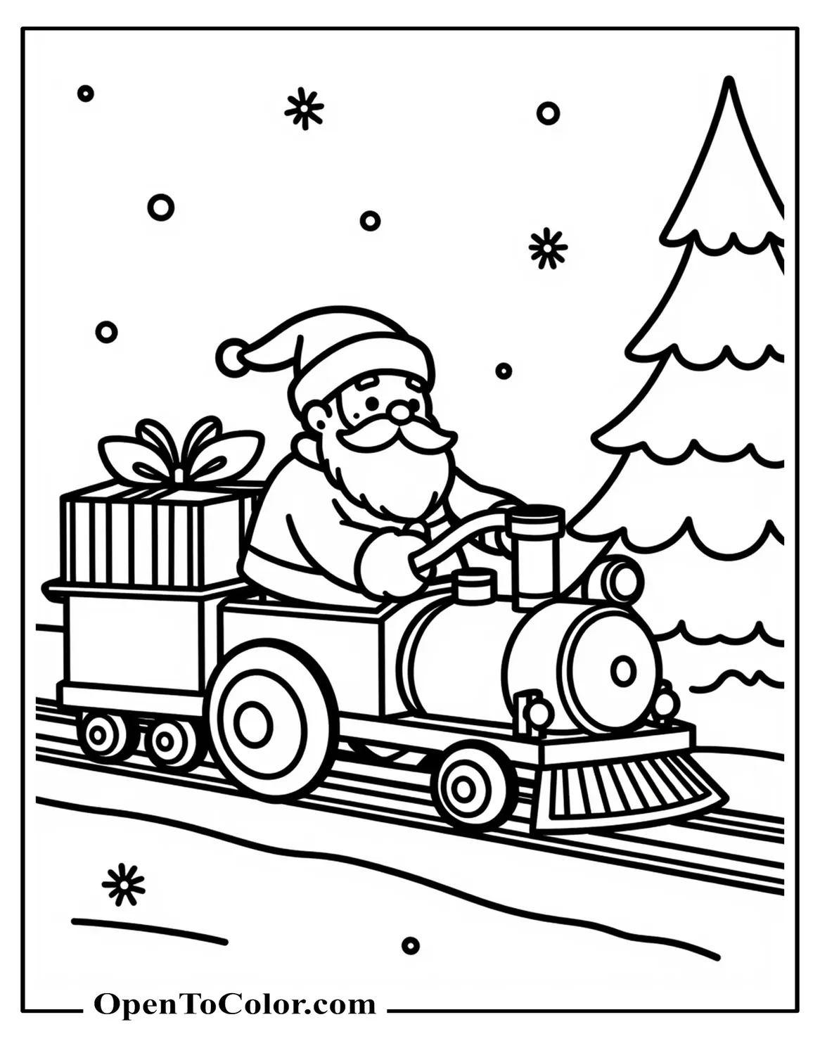 Free Coloring Sheet of Santa Driving a Small Festive Engine Towing a Gift Car Past a Pine Tree and Snowflakes