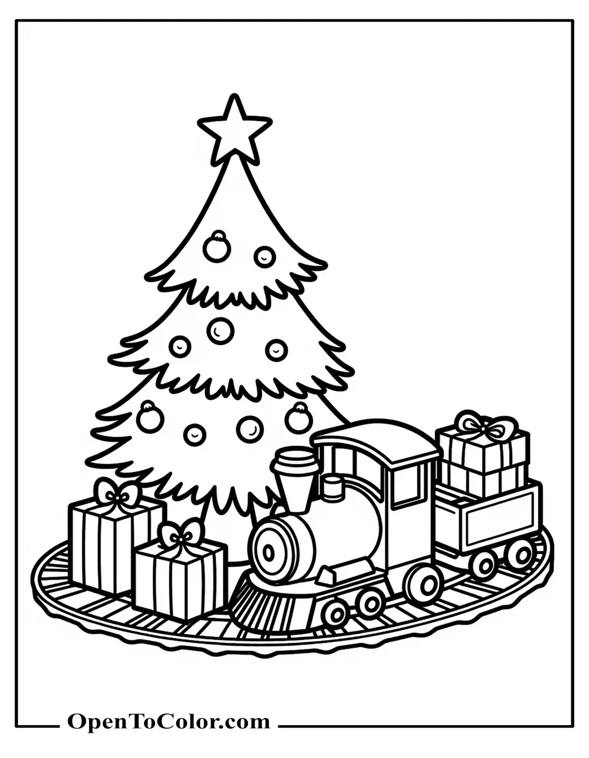 Free Coloring Sheet of a Mini Train Circling a Decorated Tree with Ornaments and Wrapped Gifts
