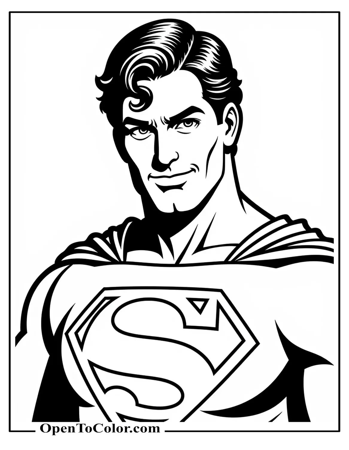 Classic movie-era Superman coloring page with iconic hair curl and gentle smile, available as PDF.