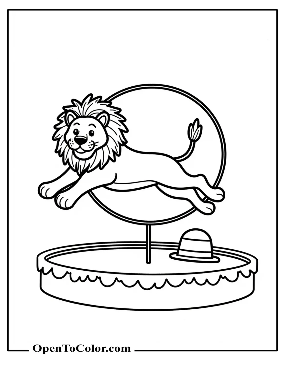 Circus lion jumping through a hoop with a ringmaster hat on stand coloring page PDF.