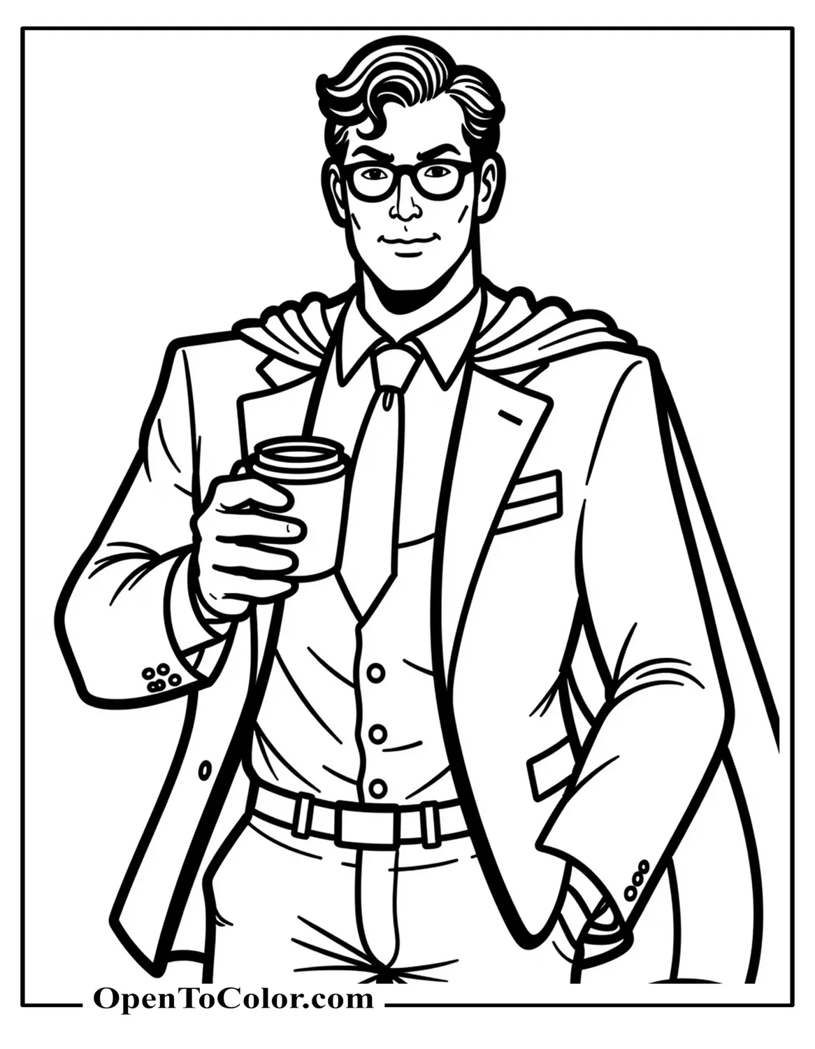 Clark Kent in suit and glasses holding a coffee cup with cape edge peeking from collar, printable coloring sheet.