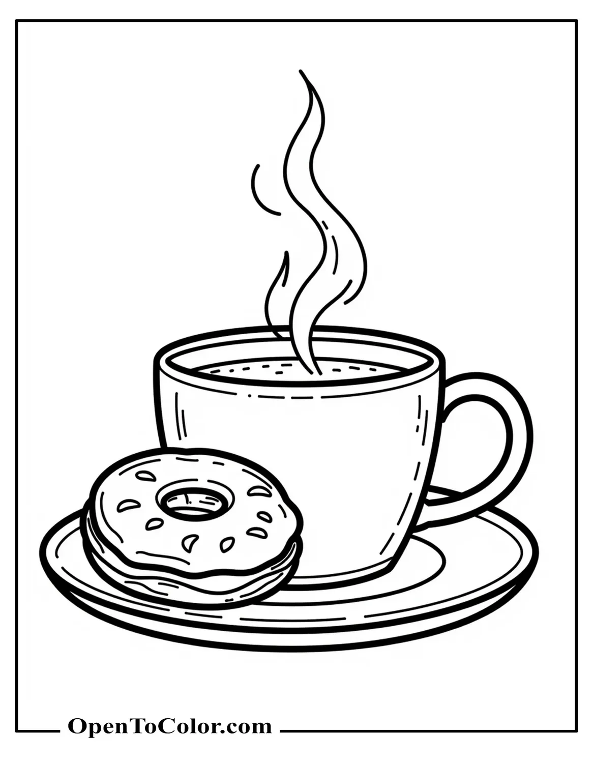 Free Realistic Coloring Page of Steaming Coffee Mug Beside a Donut on a Saucer Café Counter Line