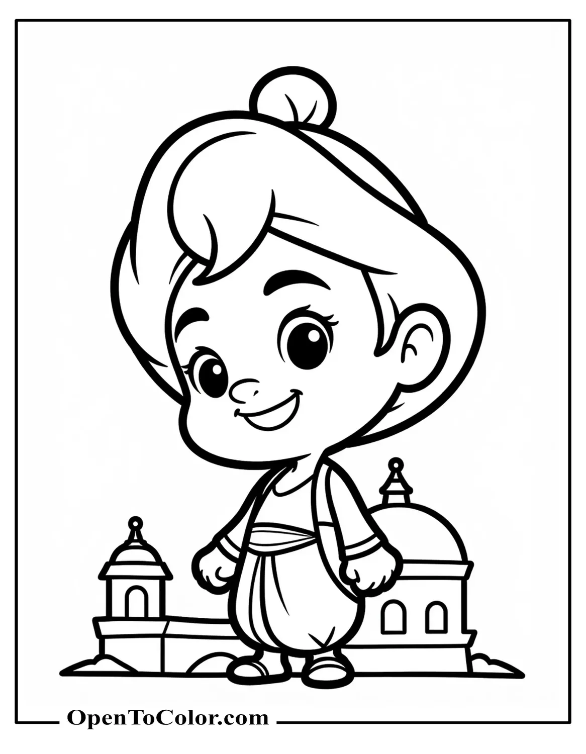 Free Coloring Sheet: Jasmine and Aladdin Sharing an Apple in a Quiet Marketplace Alley